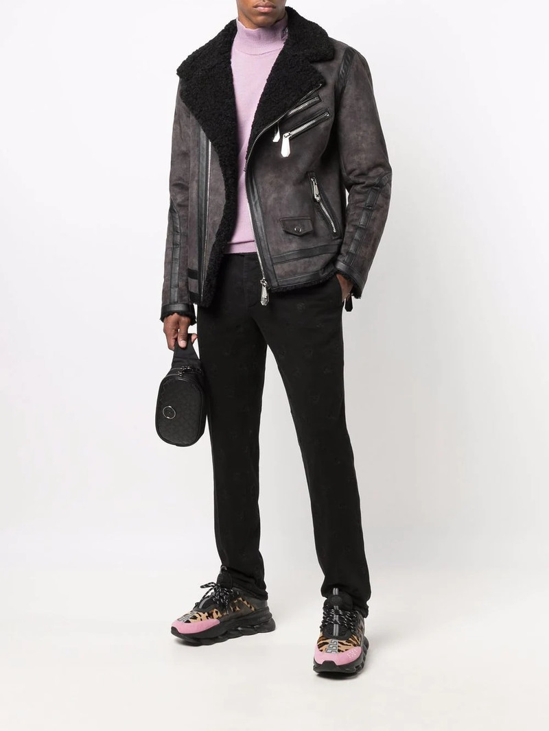 PHILIPP PLEIN shearling-trim suede biker jacket outlook