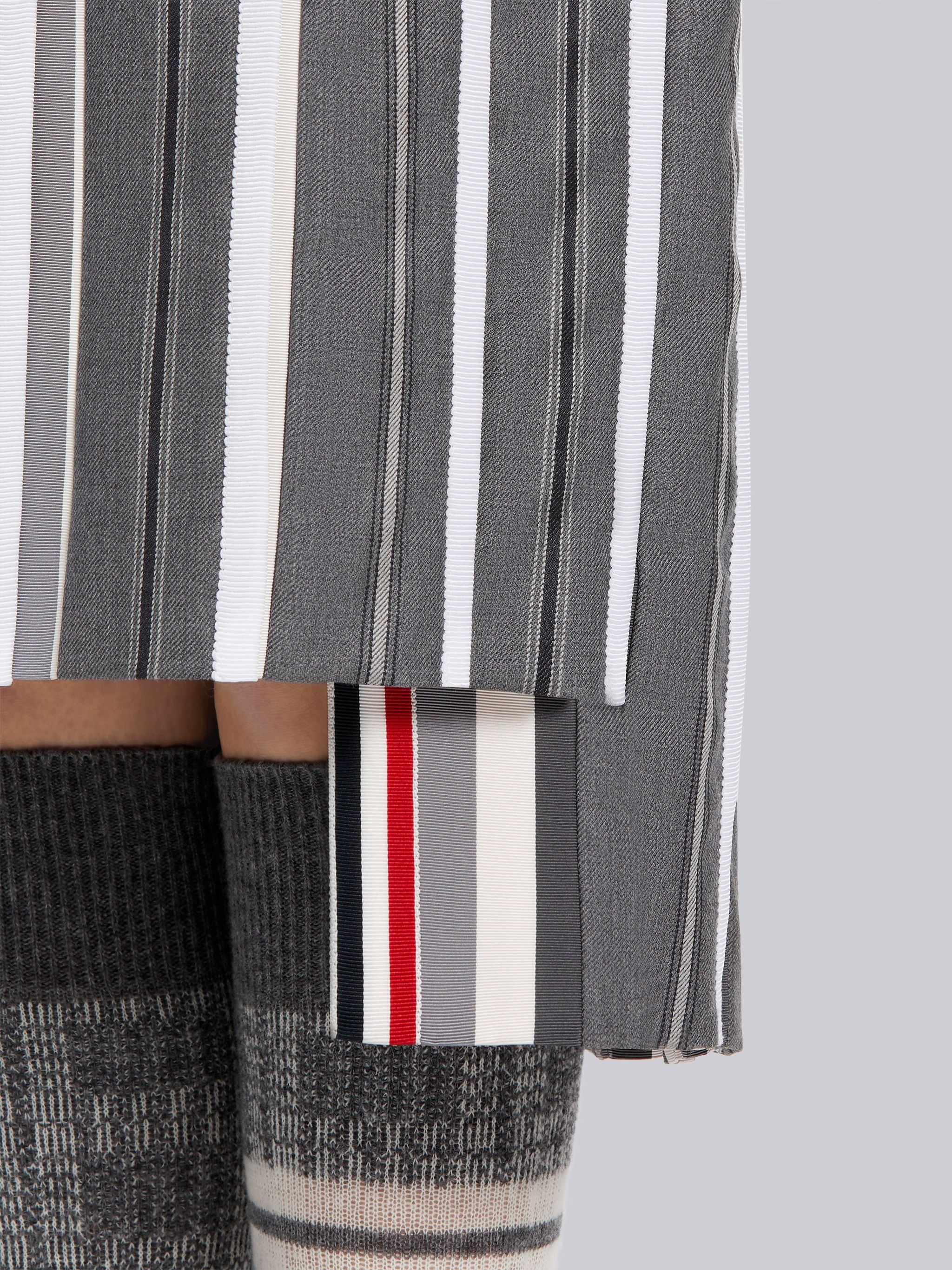 Medium Grey Alternating Stripe Wool Suiting Dropped Back Below-the-Knee Pleated Skirt With Grosgrain - 5