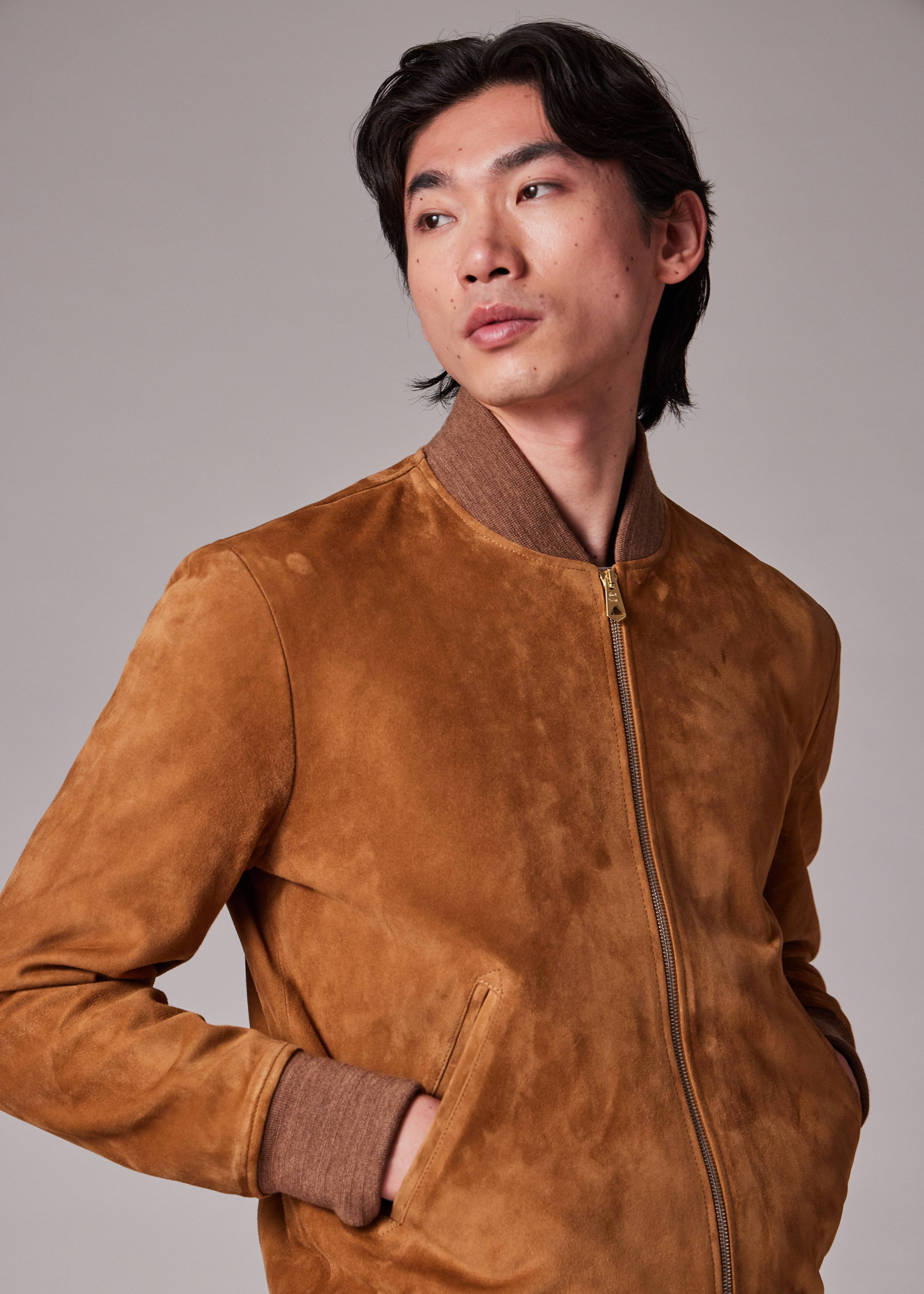 Tan Suede Zip Bomber Jacket - 6