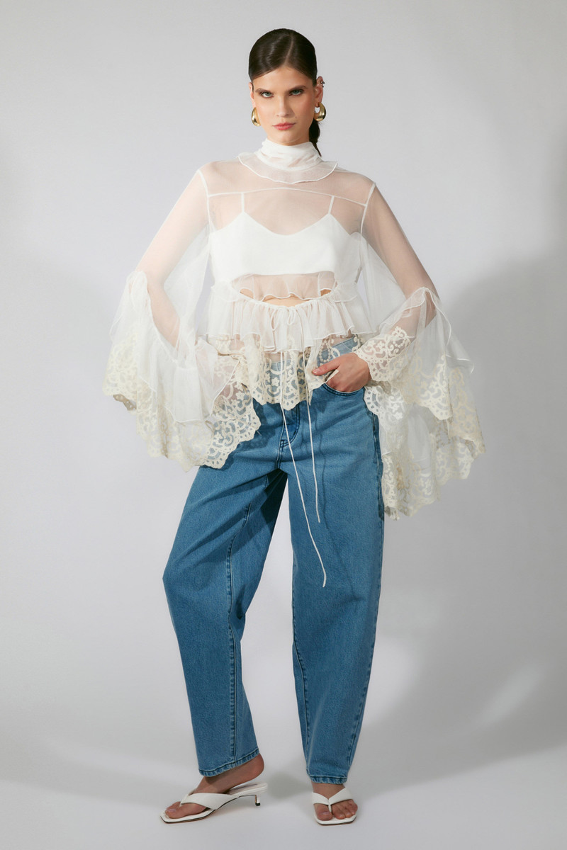 BARDOT Anyssa Lace Edge Ruffe Blouse In Ivory outlook