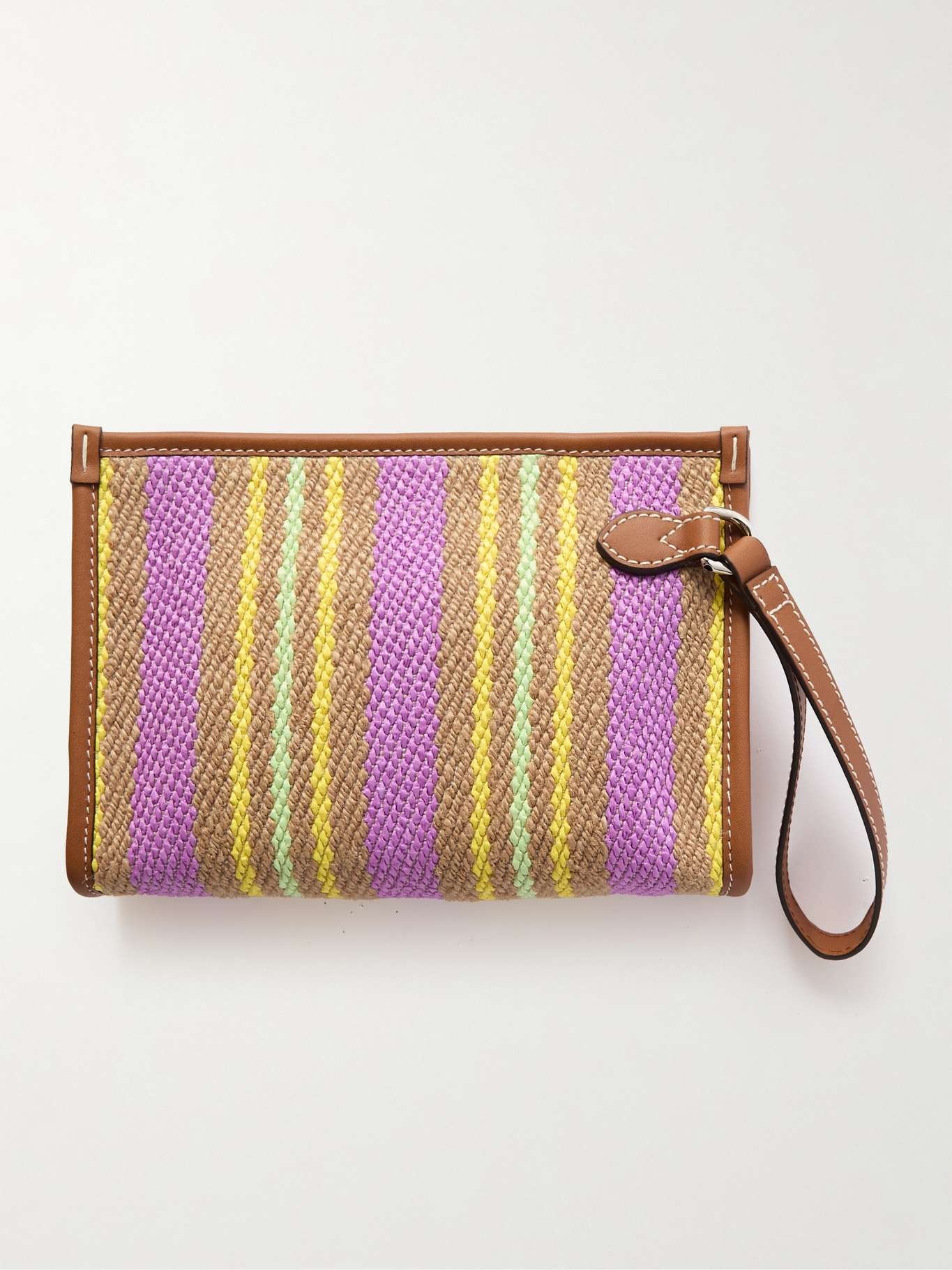 Leather-trimmed embroidered raffia pouch - 3