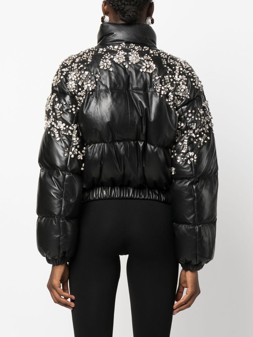 crystal-embellished leather puffer jacket - 4