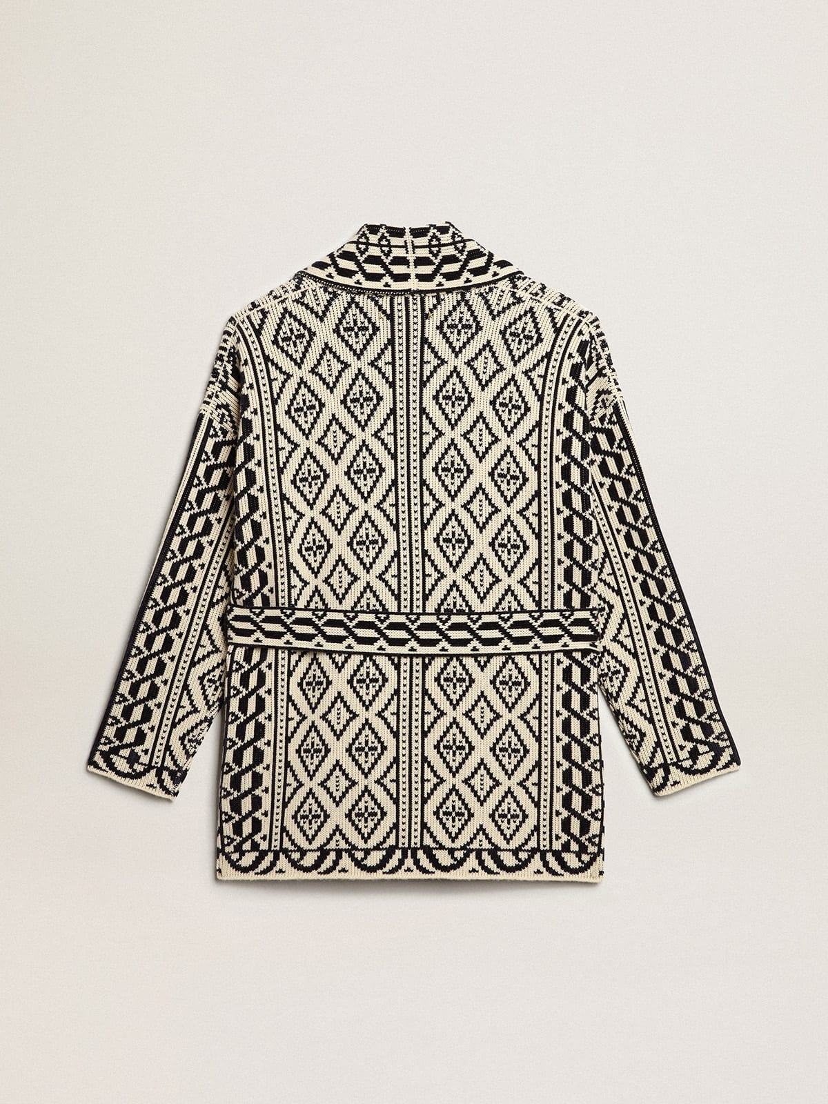 Cardigan in papyrus-colored wool with jacquard motif and crystals - 6