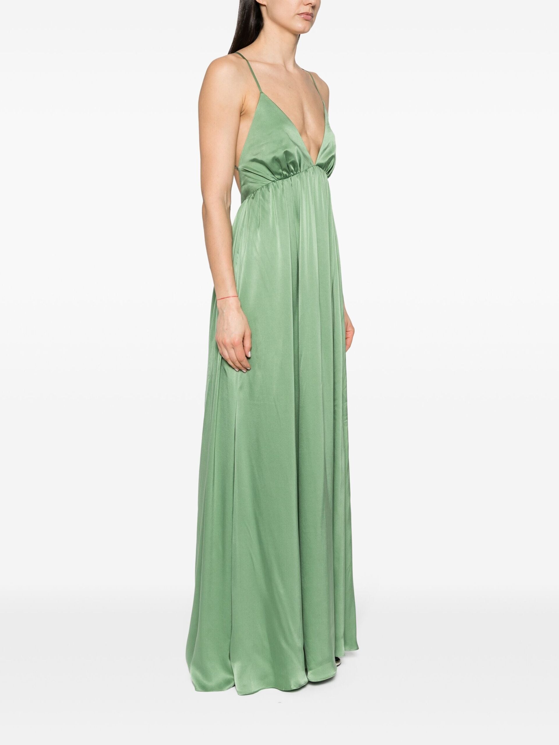 Green V-Neck Silk Maxi Dress - 3