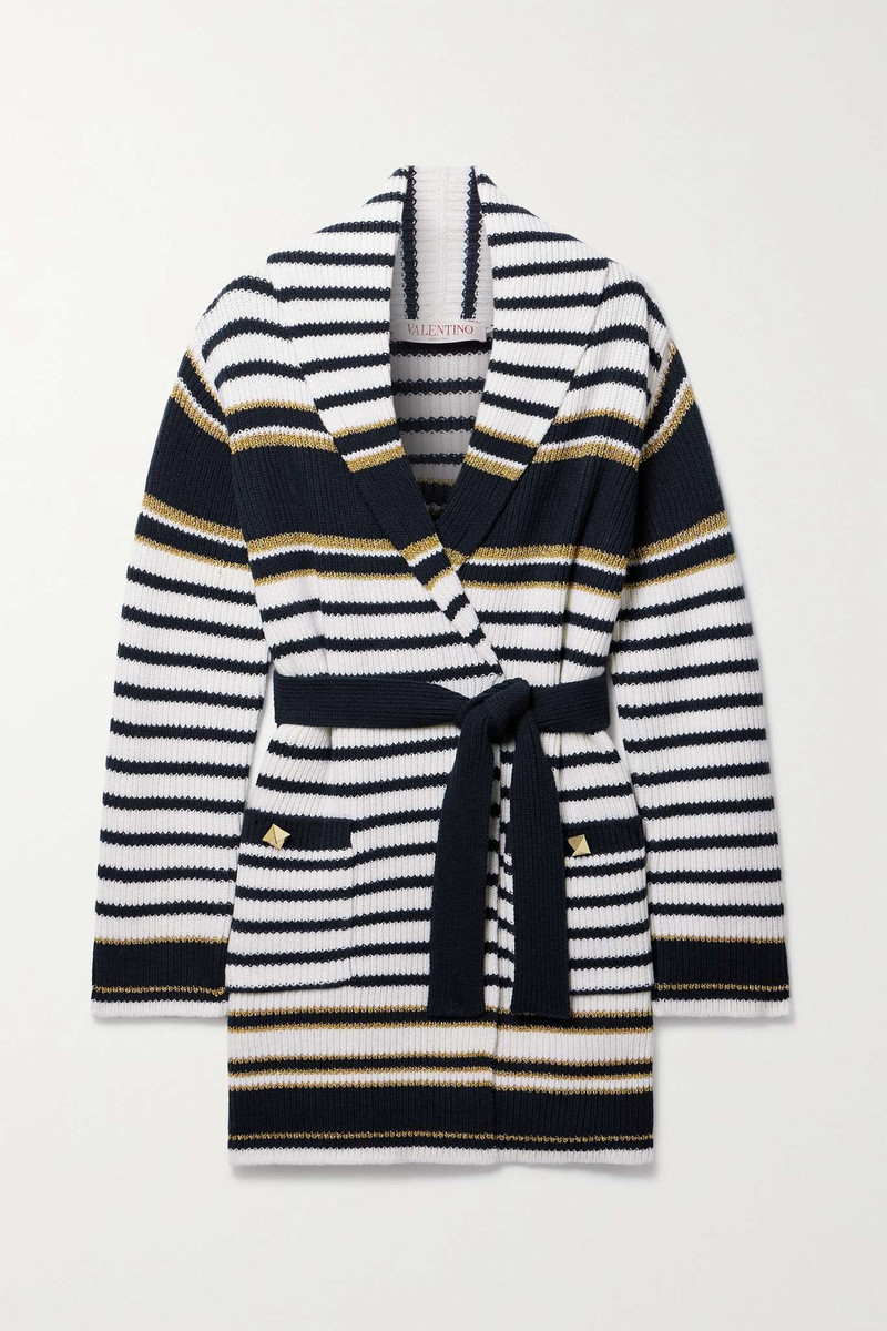Belted striped studded metallic intarsia-knit cardigan - 1