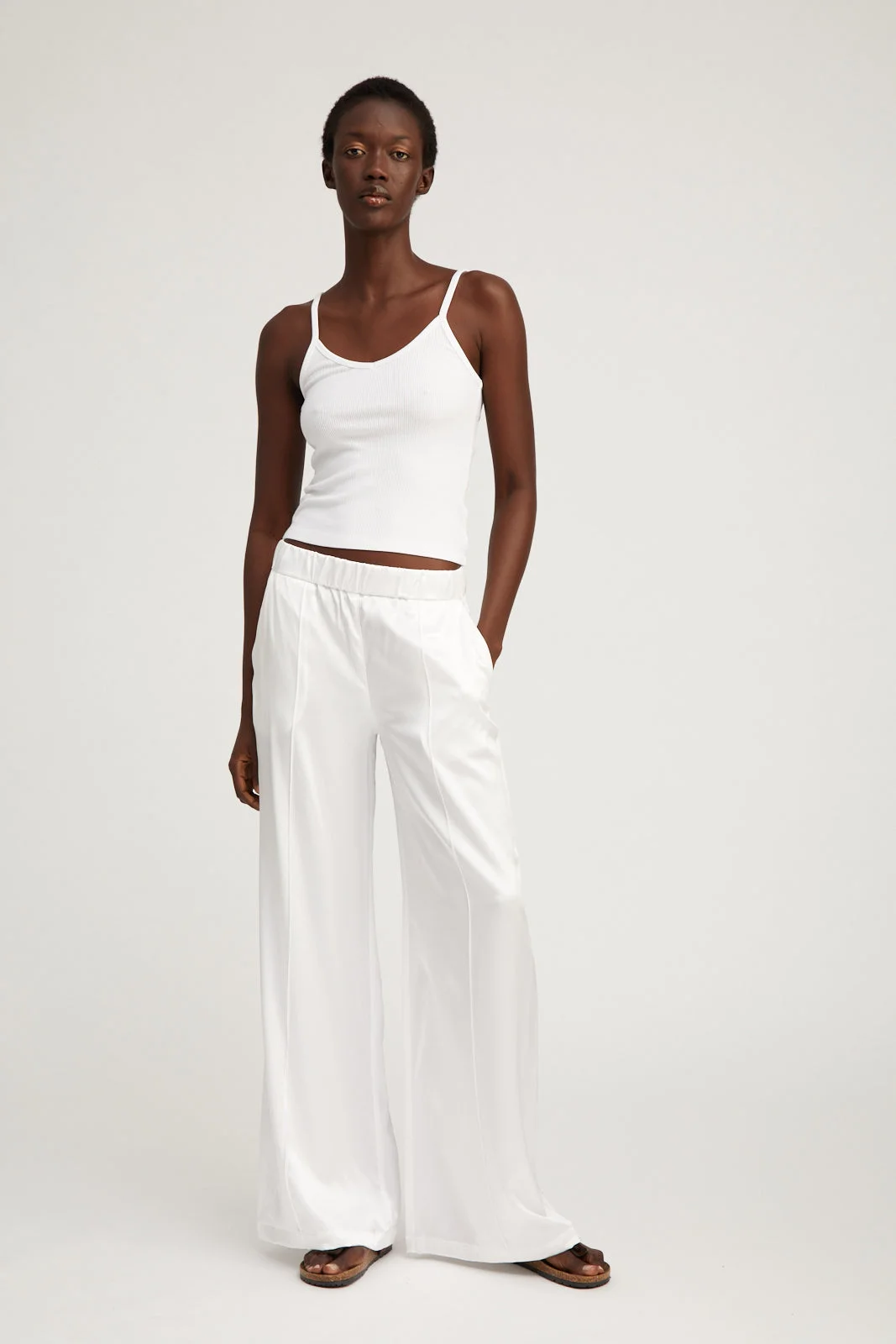 WHITE SILK WIDE LEG PINTUCK PANTS - 1