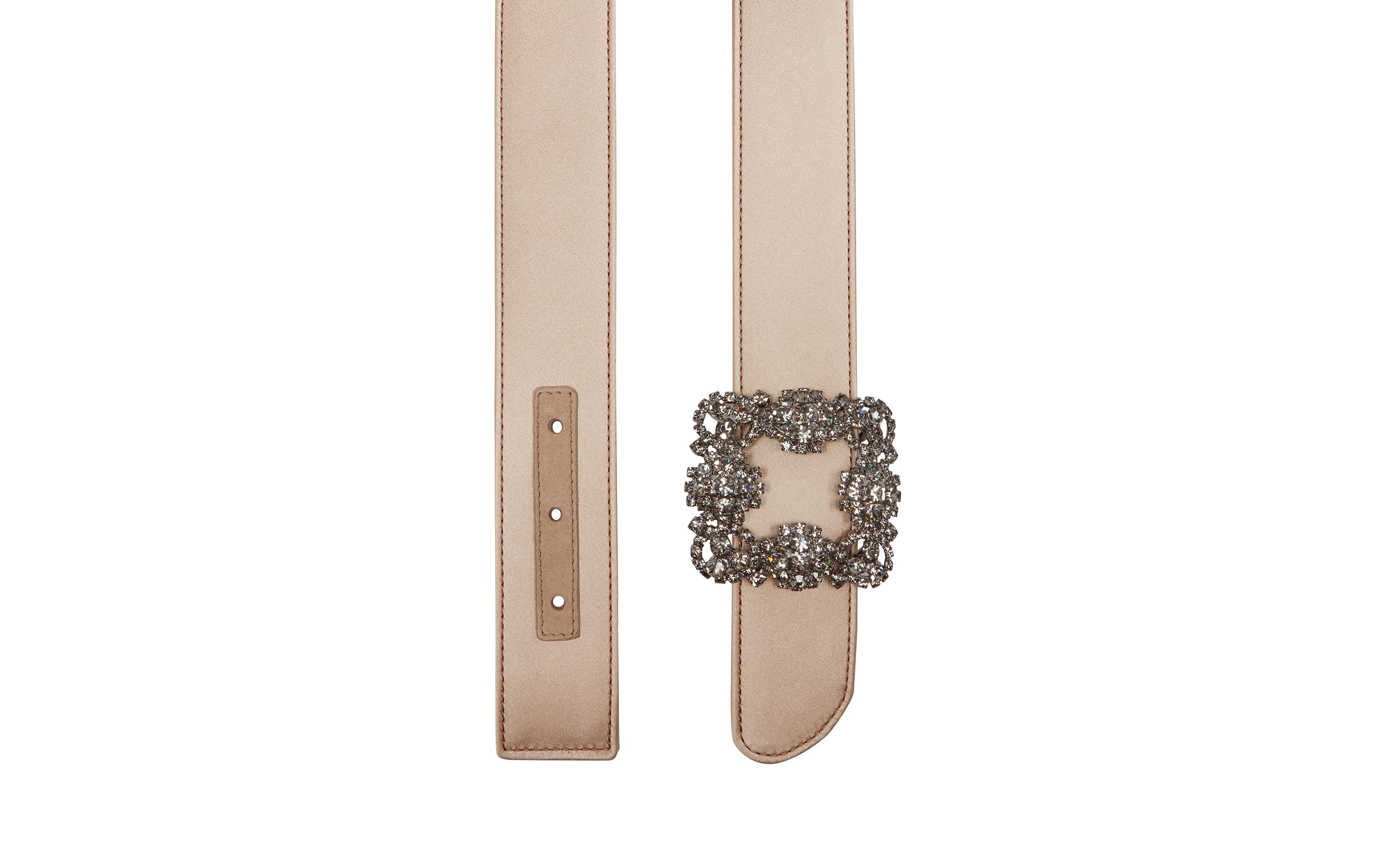 Light Beige Satin Crystal Buckled Belt - 3