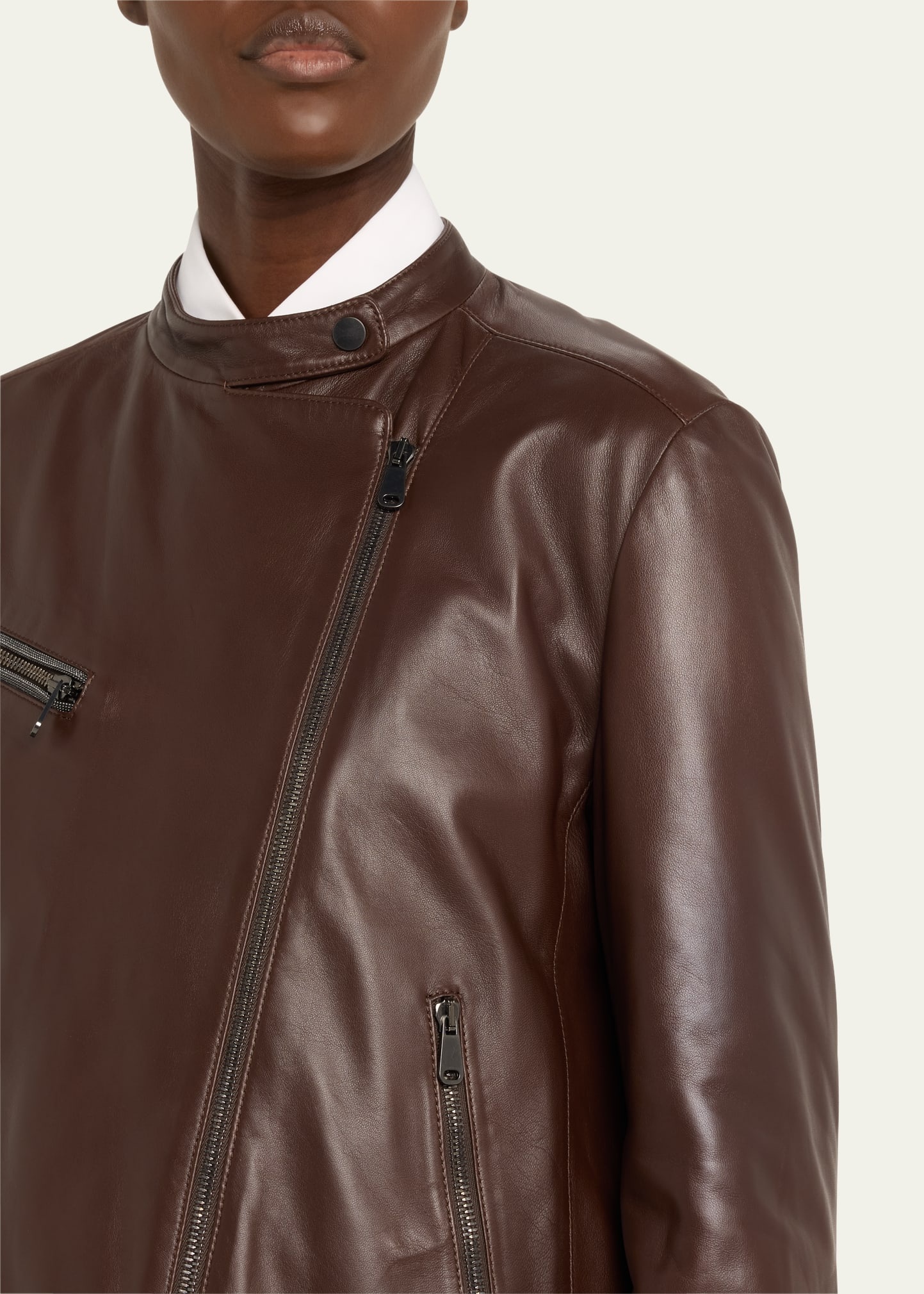 Smooth Glove Leather Biker Jacket With Monili Zip Pocket - 5