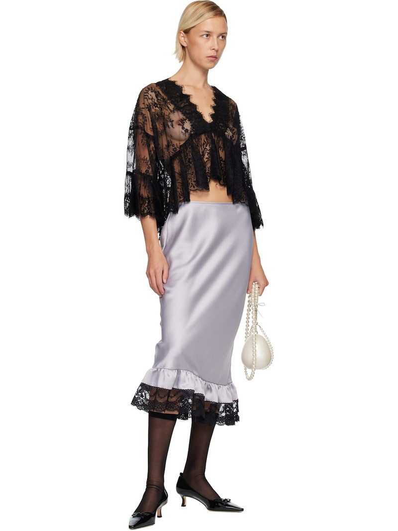 ANNA SUI Silver Boudoir Satin Lace Midi Skirt outlook