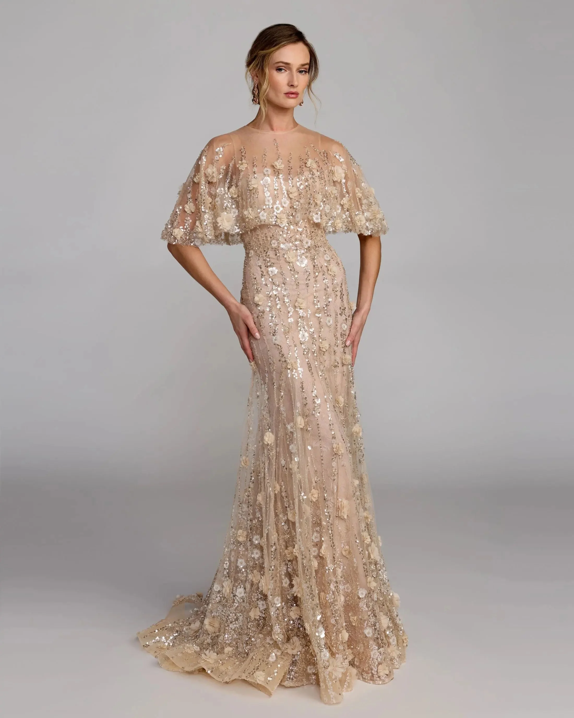 Almond Embellished Cape Sleeve Evening Gown - 1
