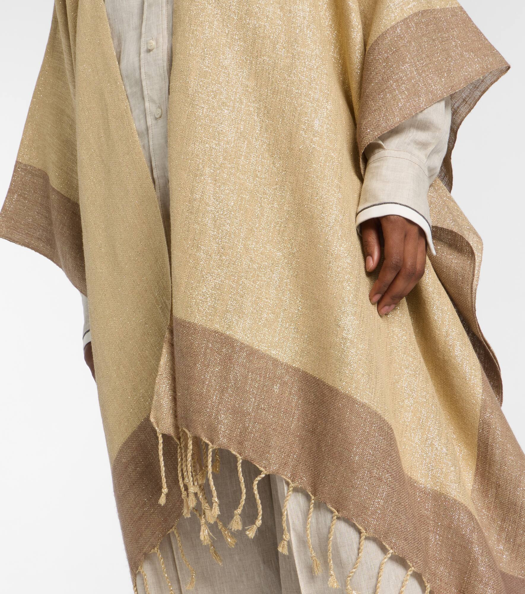 Fringed linen-blend lamé poncho - 5