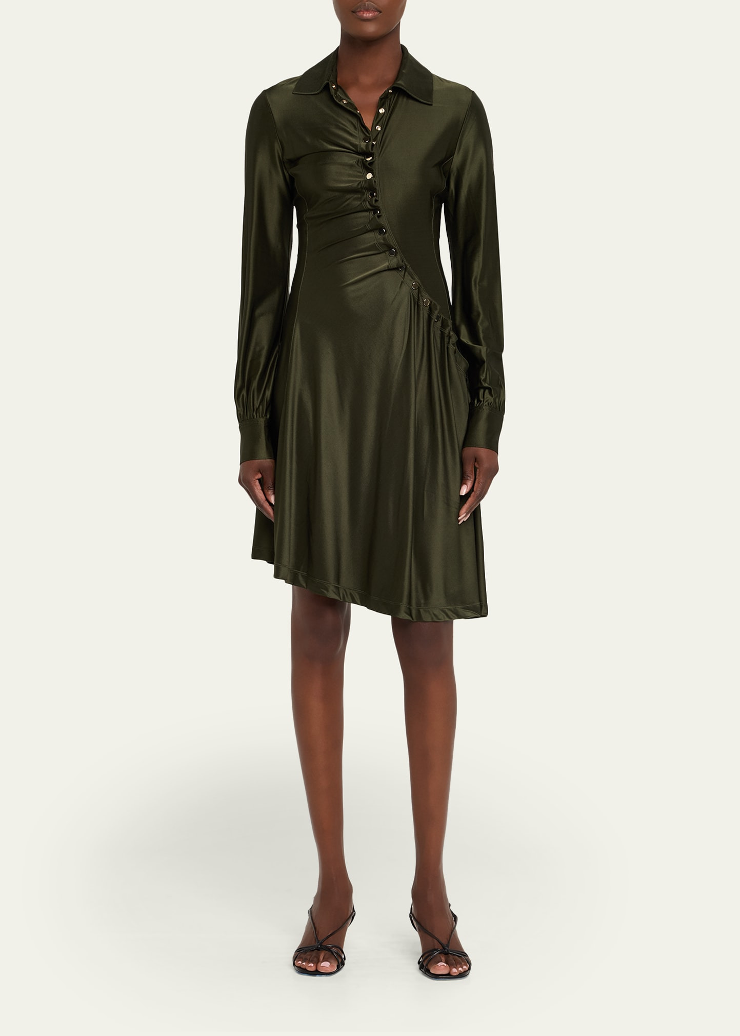 Ruched Button Long-Sleeve Mini Shirtdress - 2