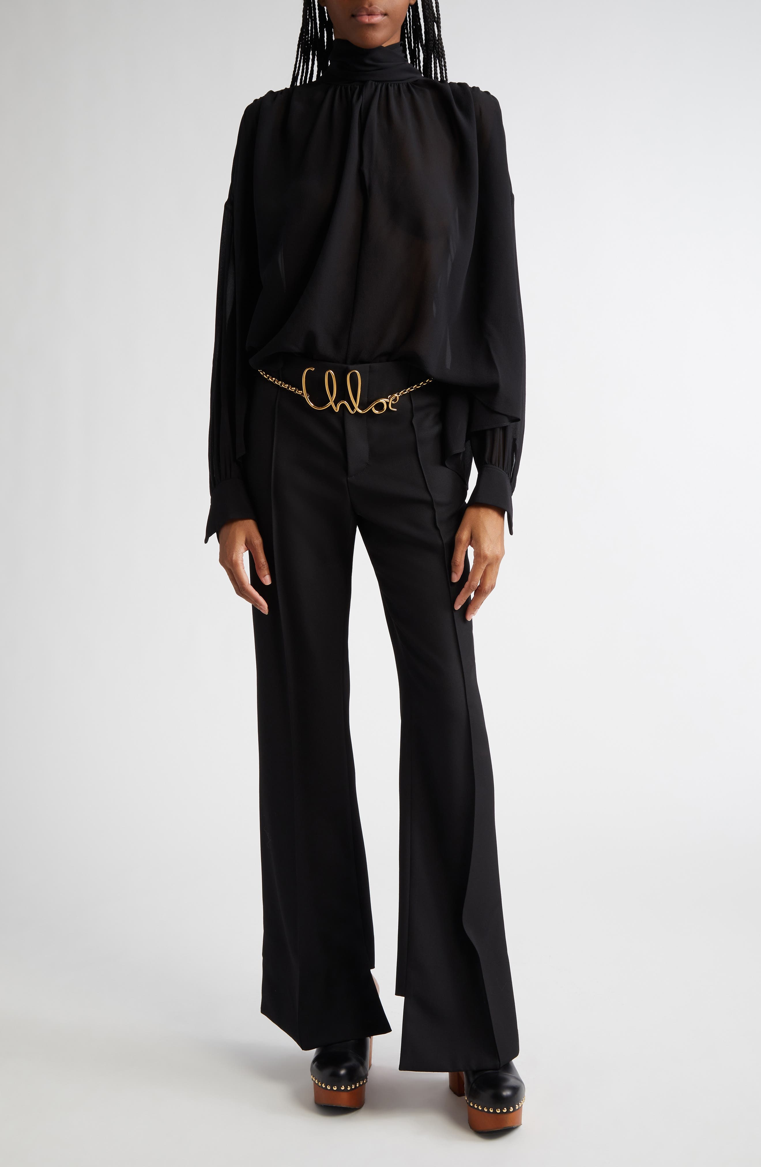 Chloé Draped Semisheer Silk Georgette Tie Neck Top in Black at Nordstrom - 2