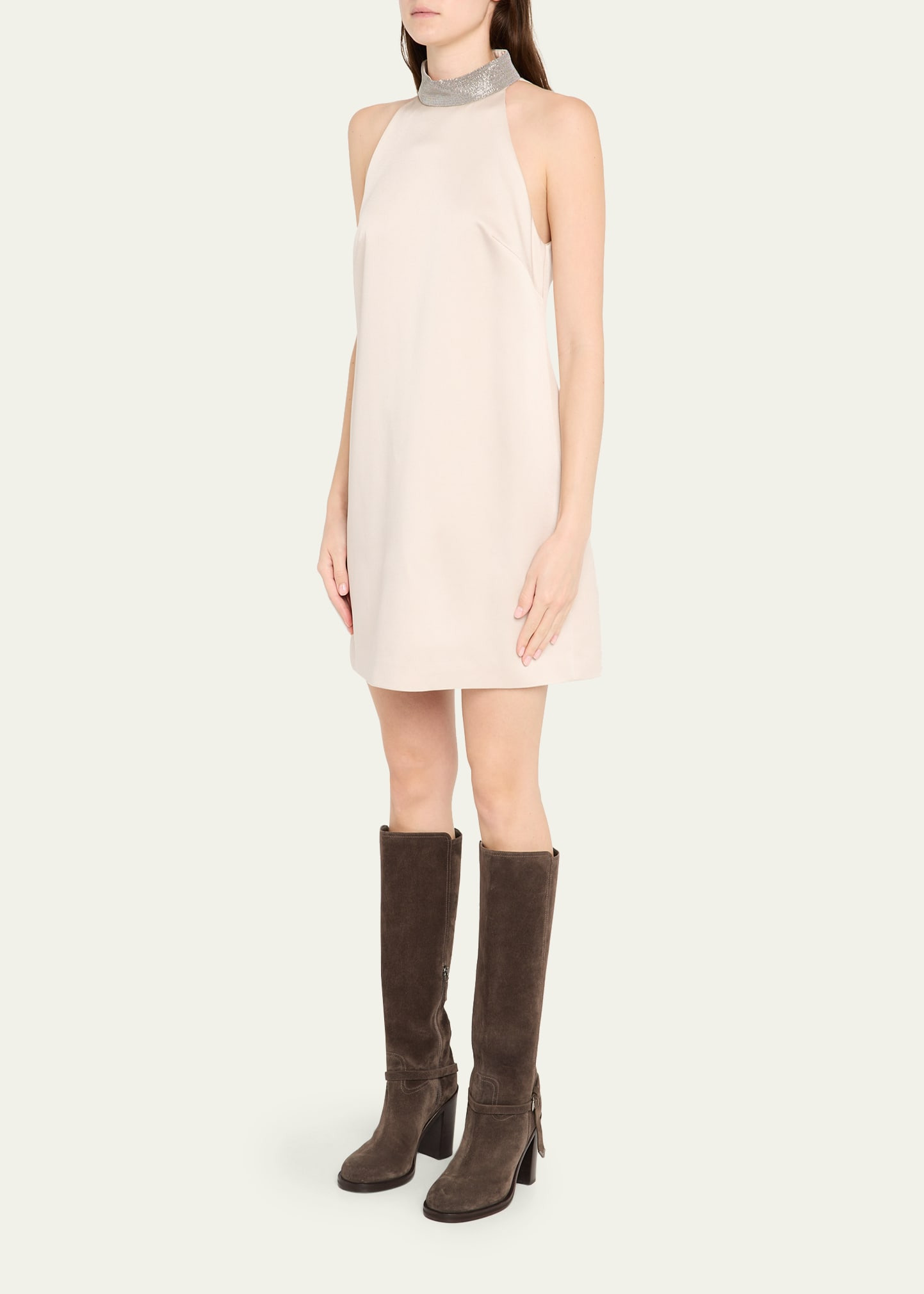 Satin Cady A-Line Dress with Precious Monili Collar - 4