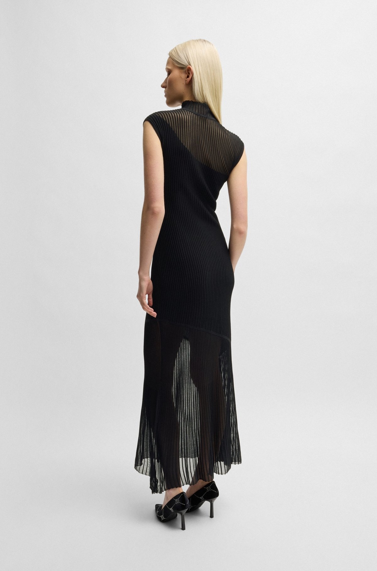 MOCK-NECK RIBBED CREPE MIDI DRESS WITH SHEER SECTIONS - 5