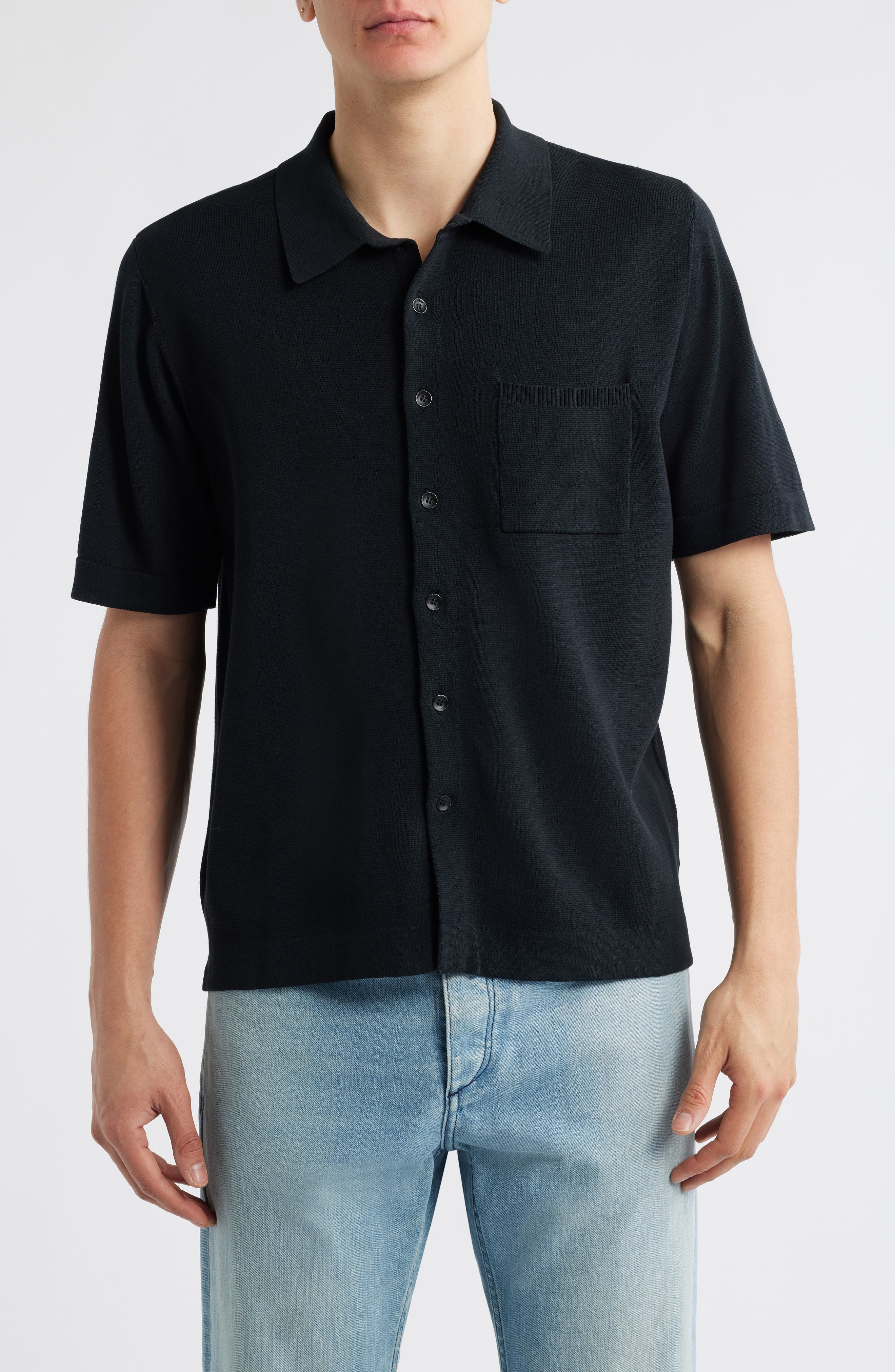 rag & bone Dalton Short Sleeve Knit Cotton Blend Button-Up Shirt in Black at Nordstrom - 1