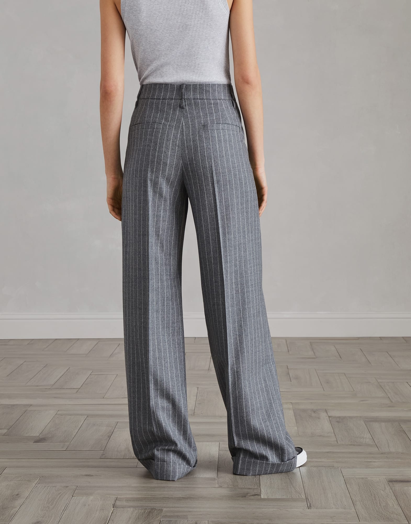 Virgin wool mouliné chalk stripe loose flared trousers with monili - 2