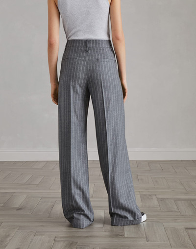 Brunello Cucinelli Virgin wool mouliné chalk stripe loose flared trousers with monili outlook