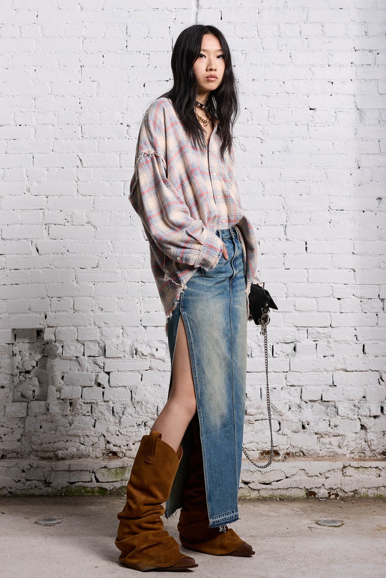 SHREDDED SEAM DROP NECK - BLEACHED ECRU PLAID - 3