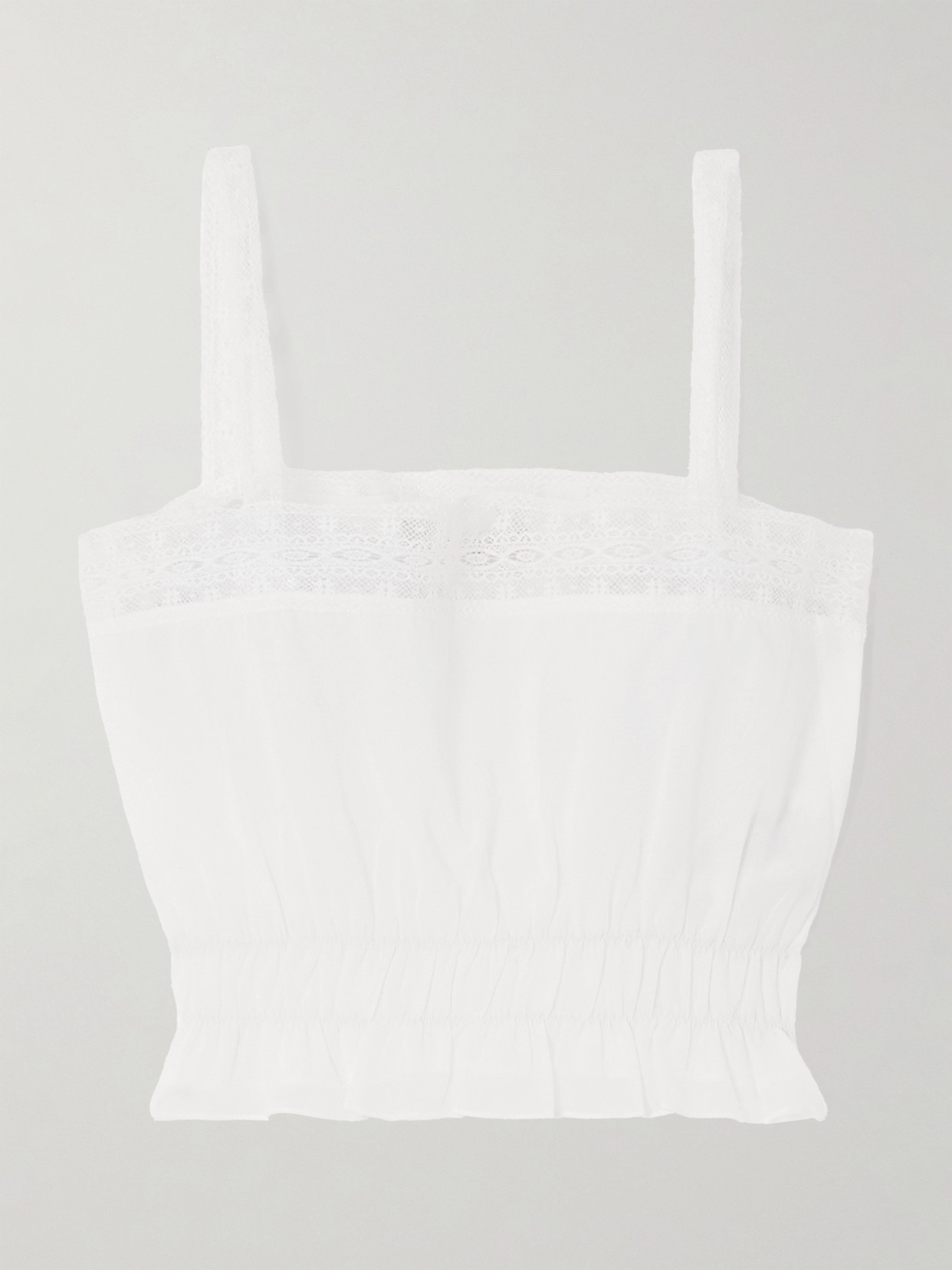 Camille Cropped Lace-trimmed Shirred Cotton-poplin Top - 1