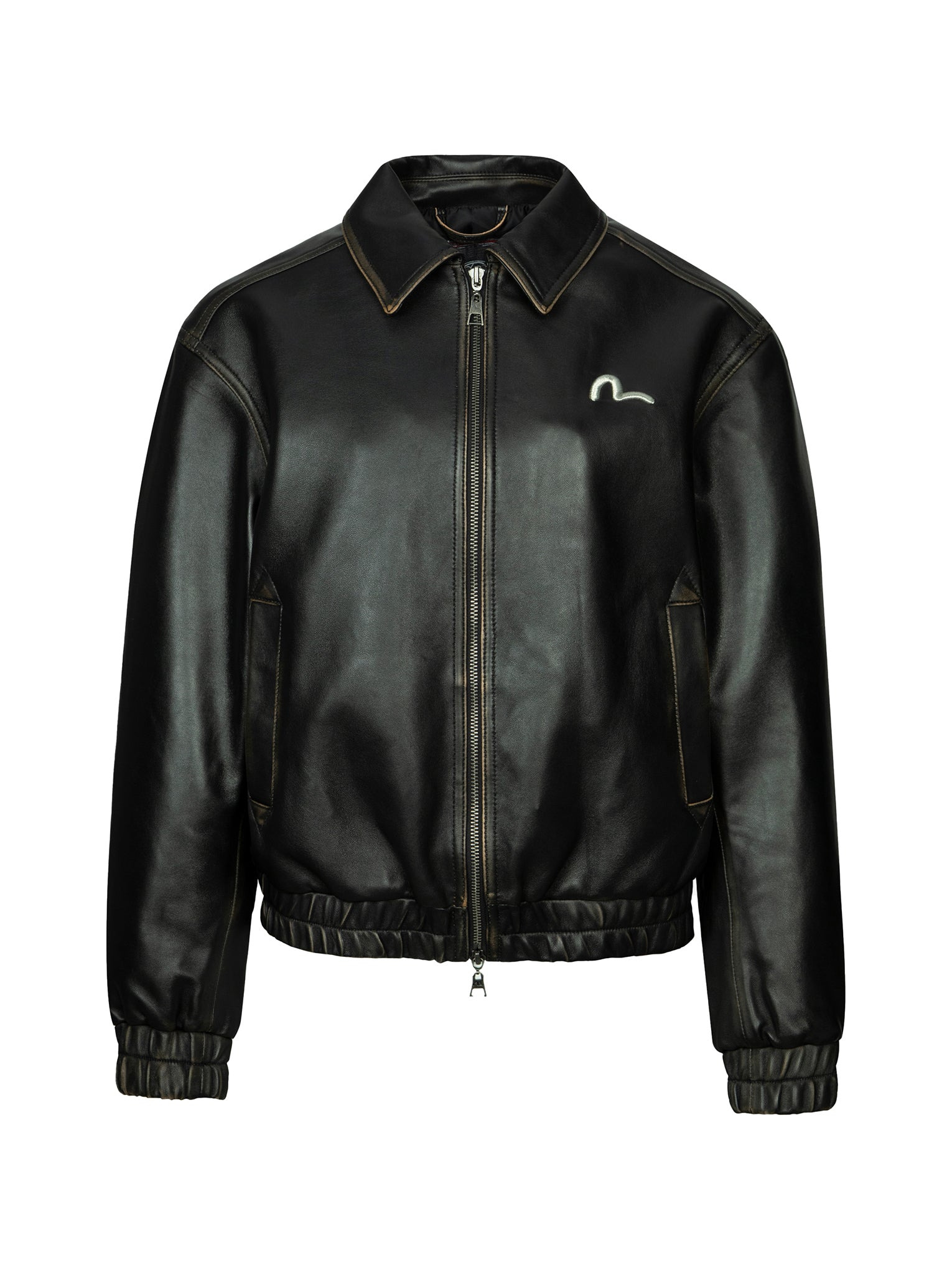 SEAGULL EMBROIDERY AND LOGO APPLIQUÉ FASHION FIT LEATHER JACKET - 9