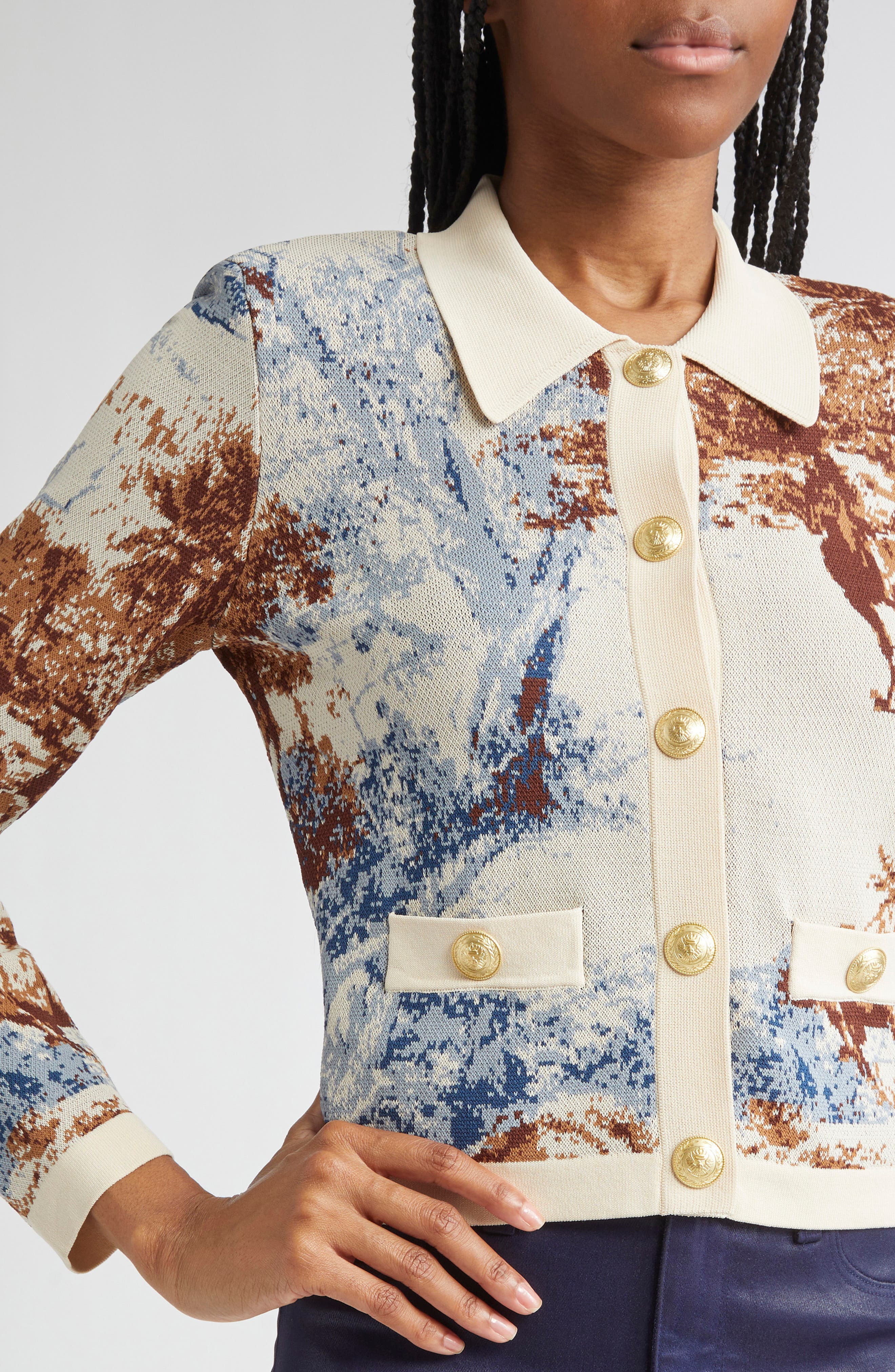 L'AGENCE Osiris Jacquard Knit Jacket in Tan Mountain Western Toile at Nordstrom - 5