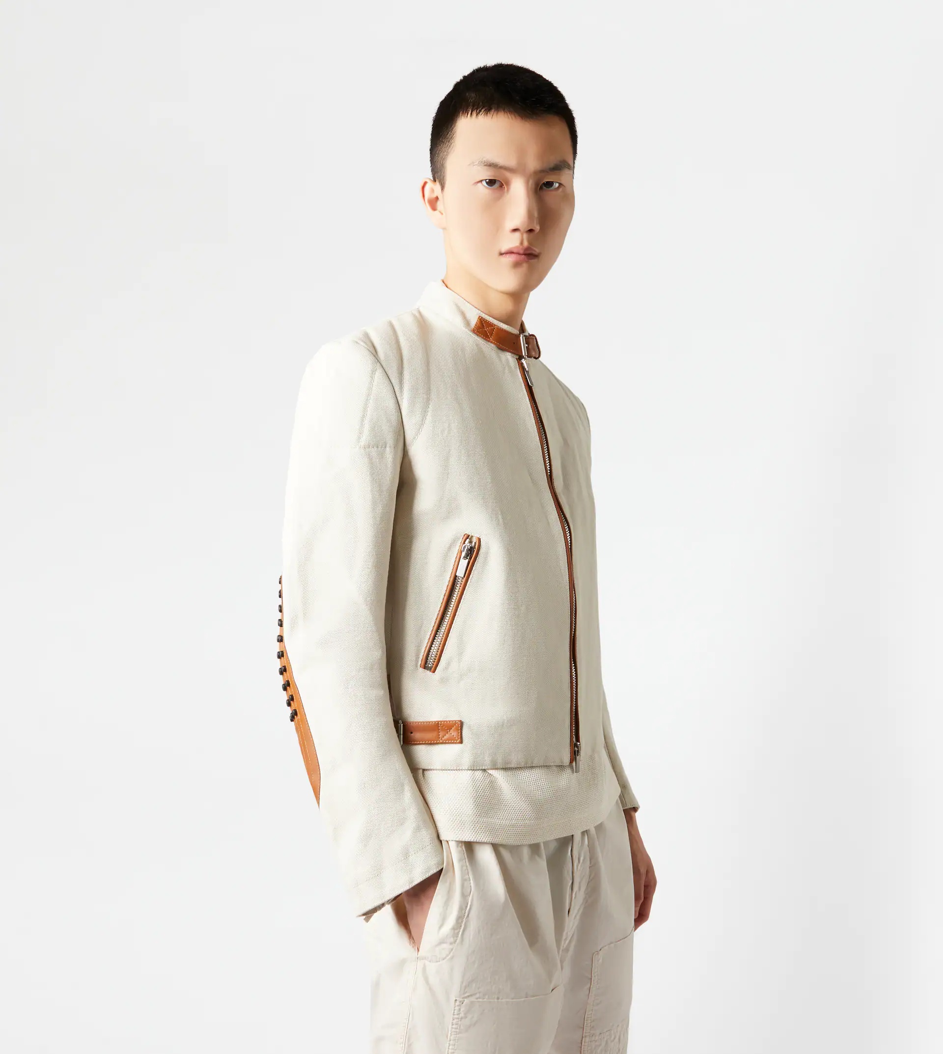 BIKER IN CANVAS AND LEATHER - BEIGE - 7