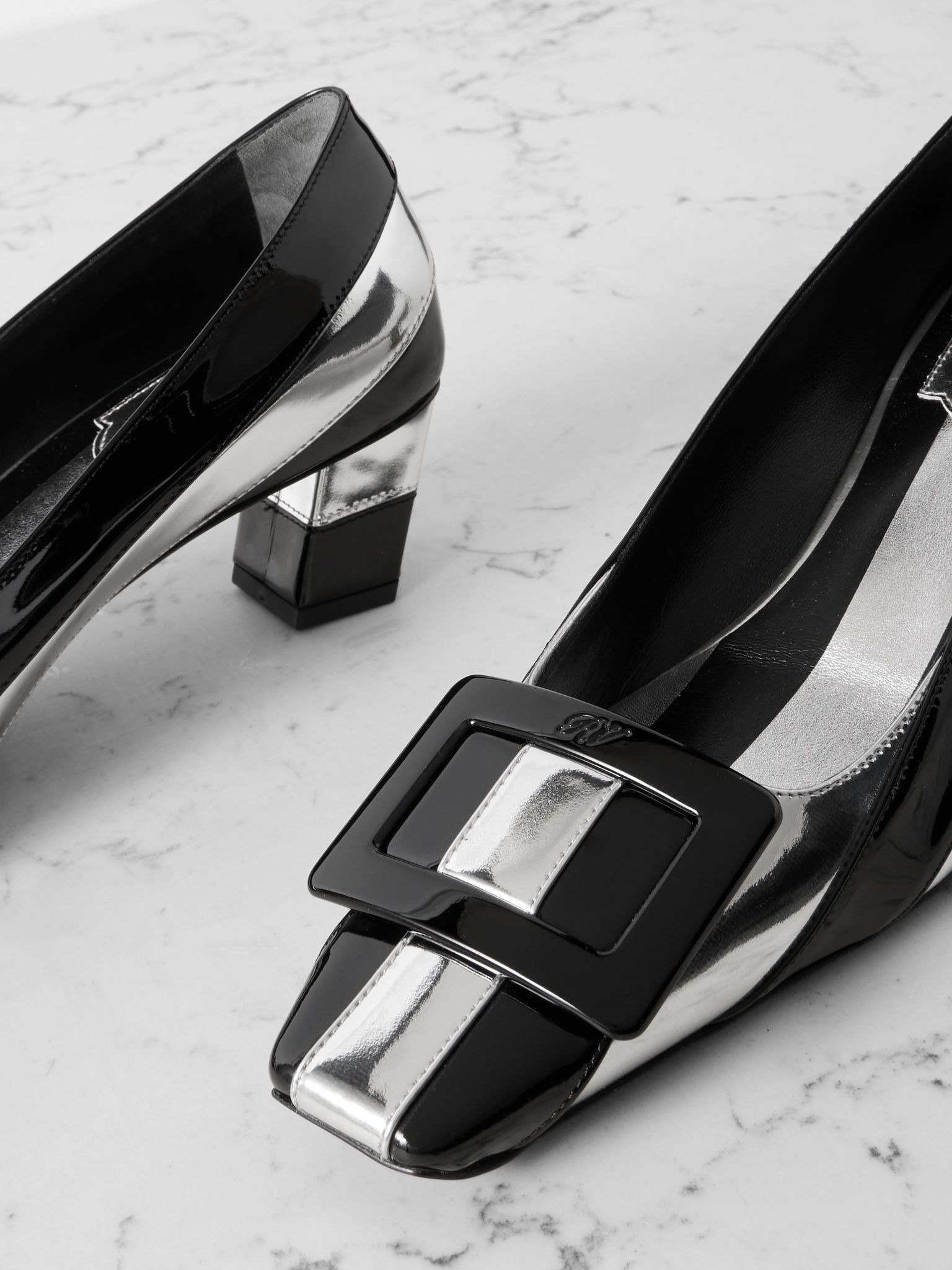 Belle Vivier 45 embellished striped metallic and patent-leather pumps Silver - 4