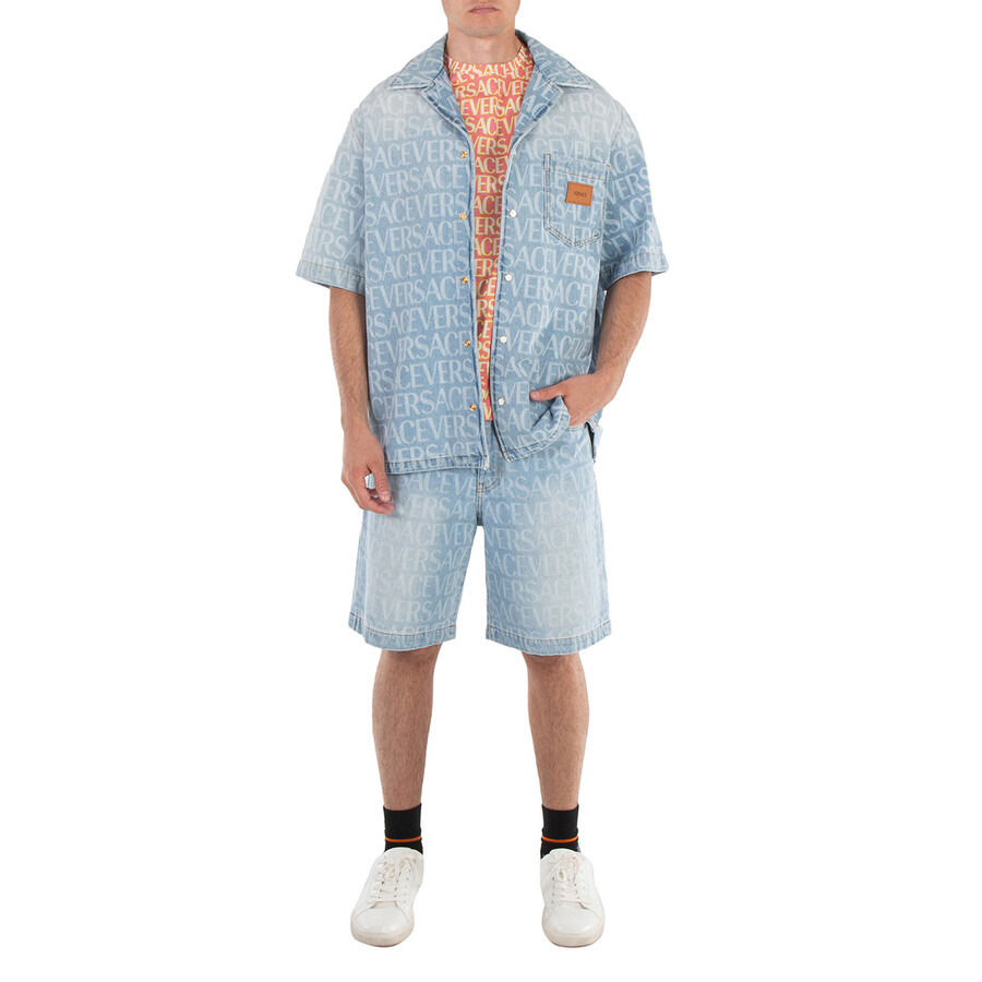 Versace Men's Light Blue Allover Denim Shorts - 2