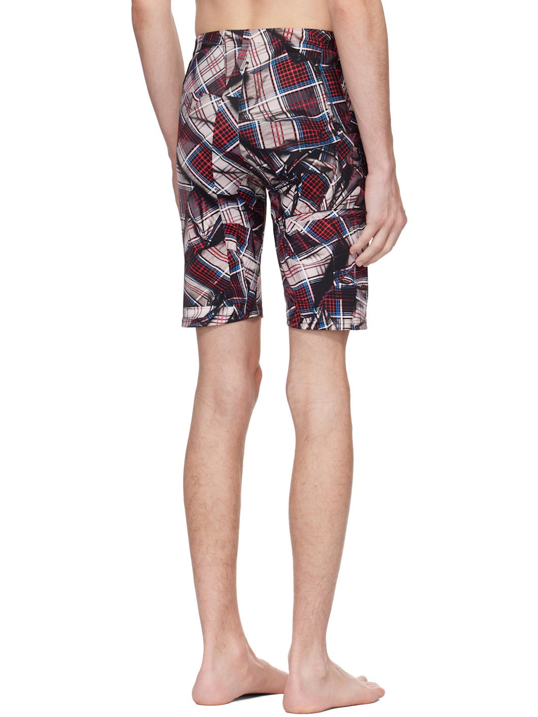 Red & Black Draped Tartan Fitted Swim Shorts - 3