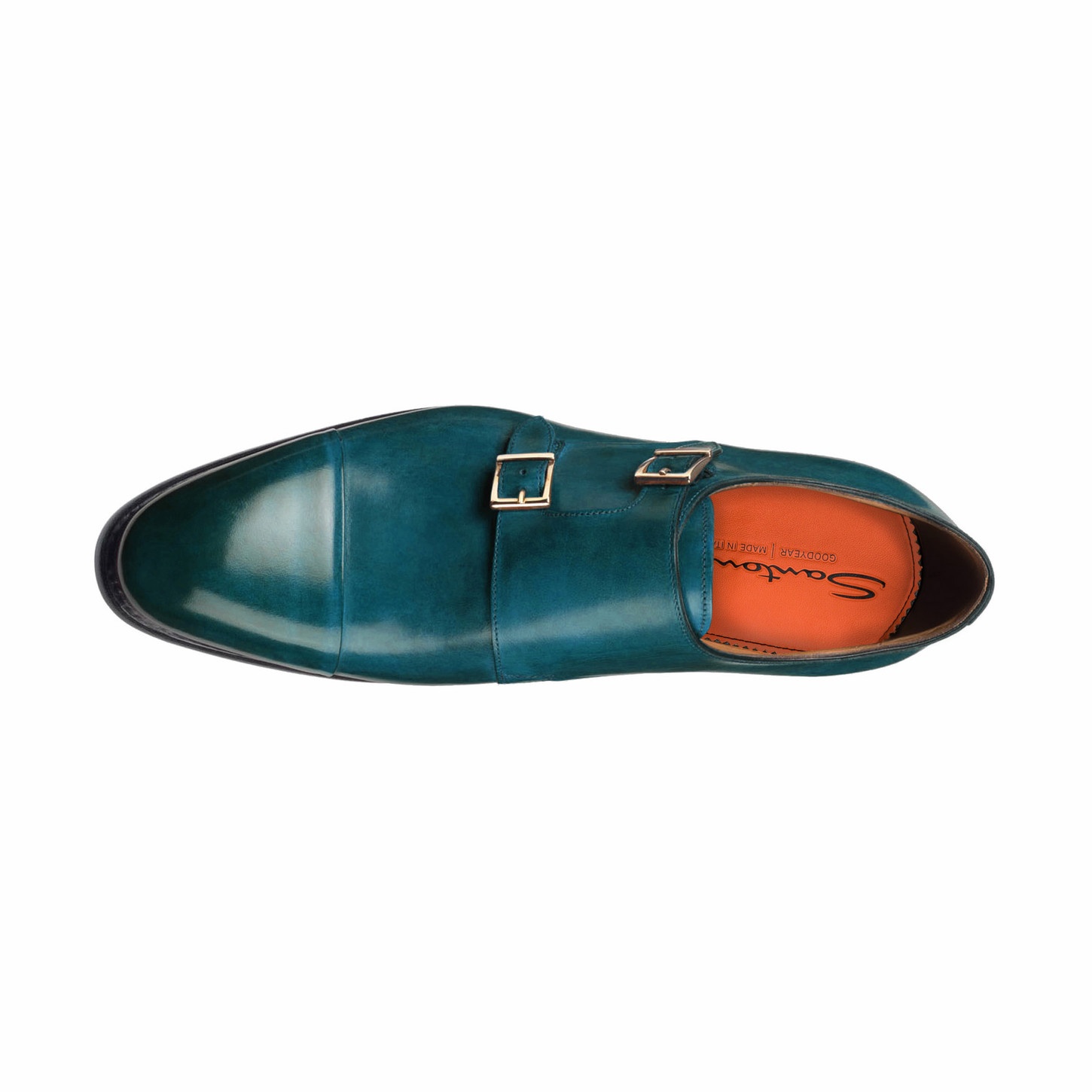 Men's dark blue-green leather double-buckle shoe - 4