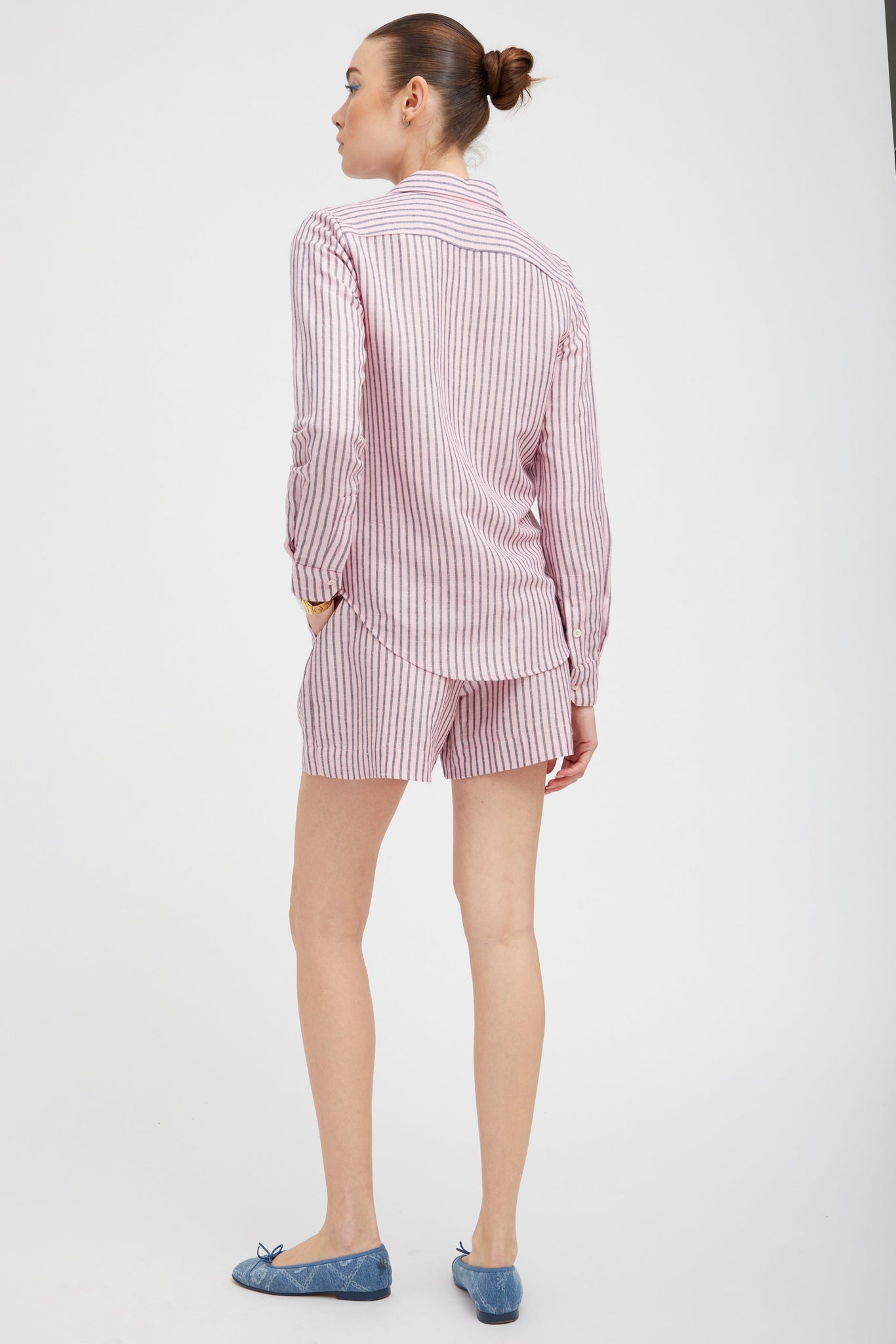 PINK INDIGO STRIPE LINEN BOXER SHORTS - 4