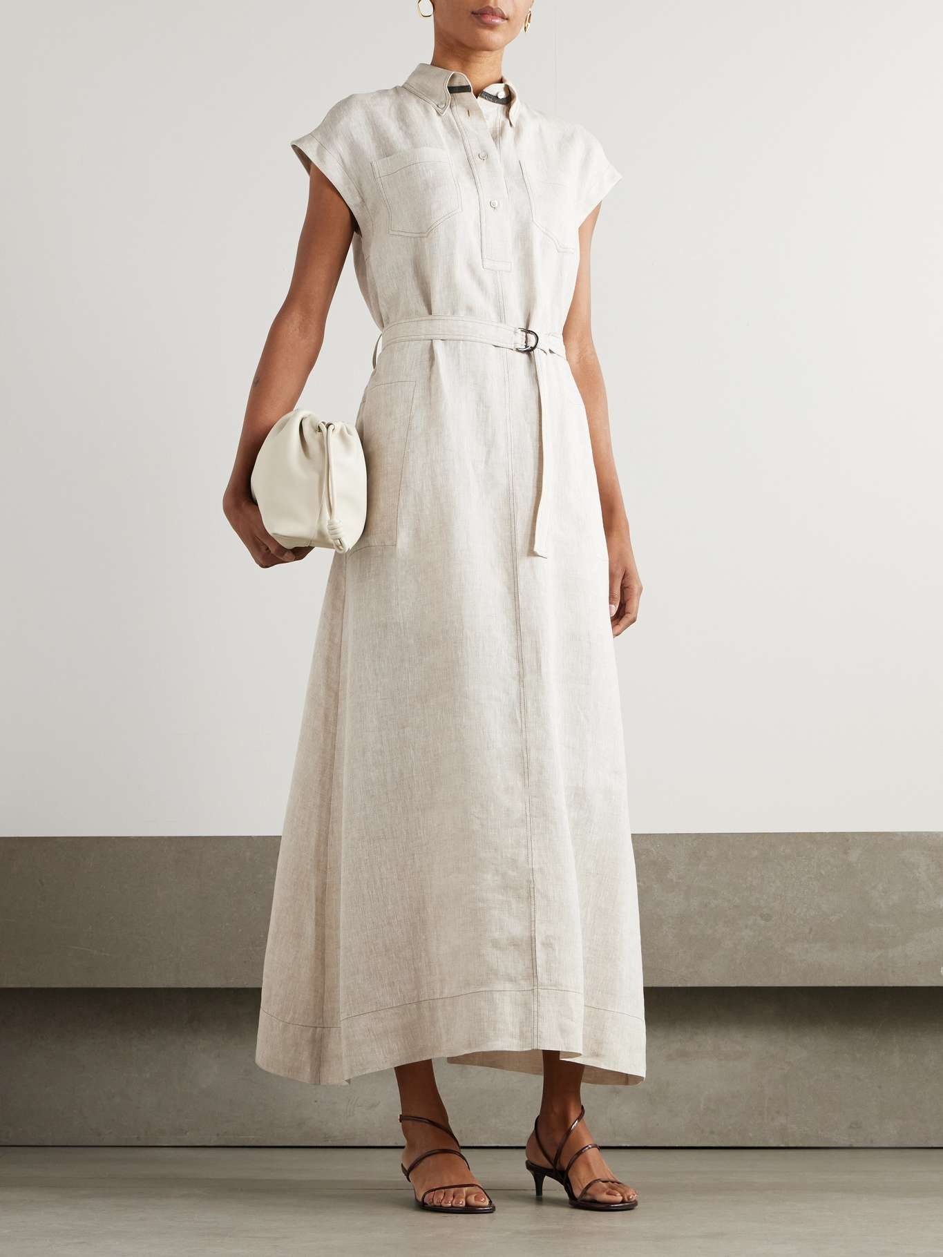 Belted bead-embellished linen midi dress Beige - 2