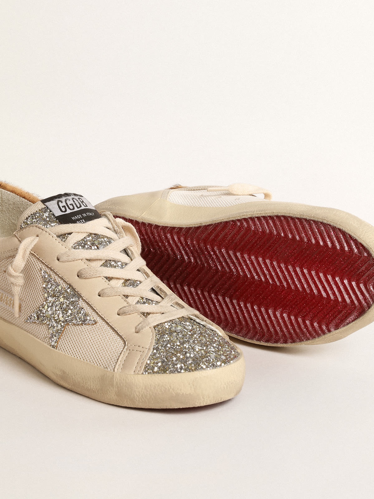 Golden Goose Super-Star in cream mesh with glitter star and