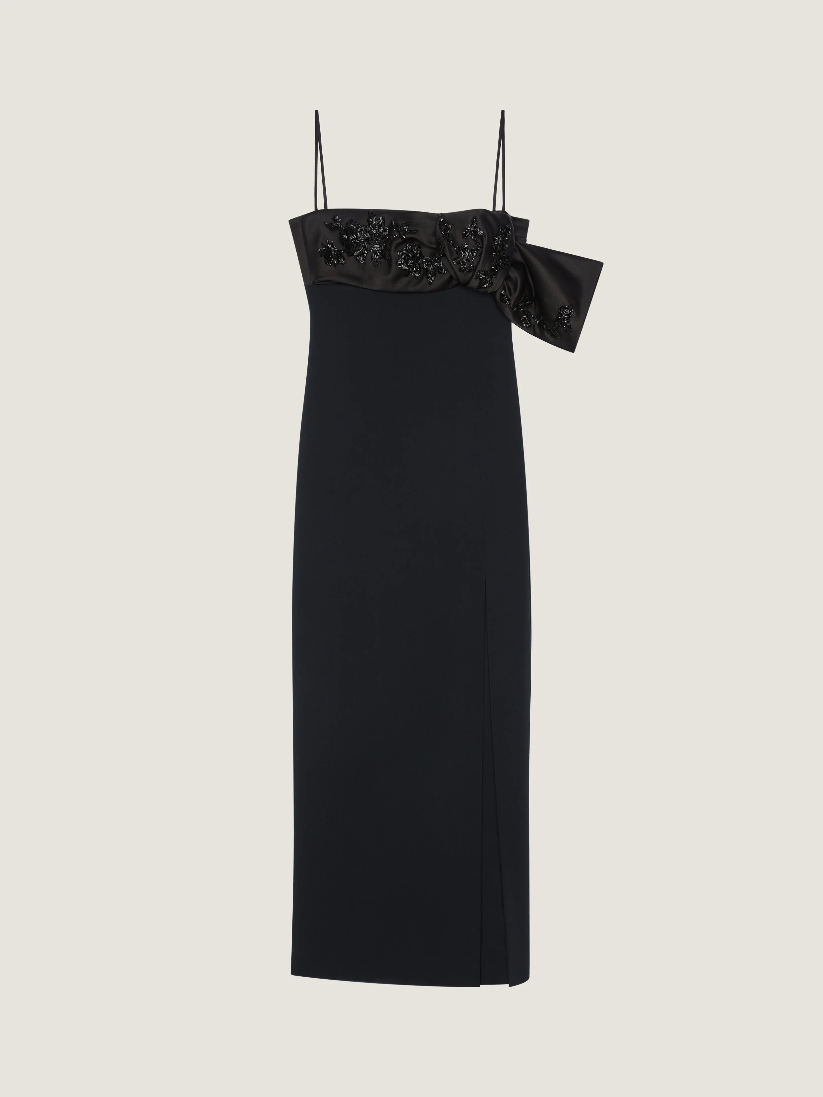 SLICED LONG DRESS IN CREPE CADY WITH EMBROIDERED BOW - 1