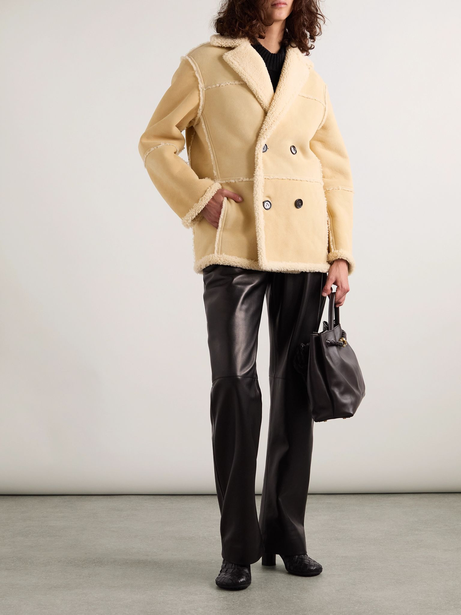 Double-breasted shearling coat Beige - 2