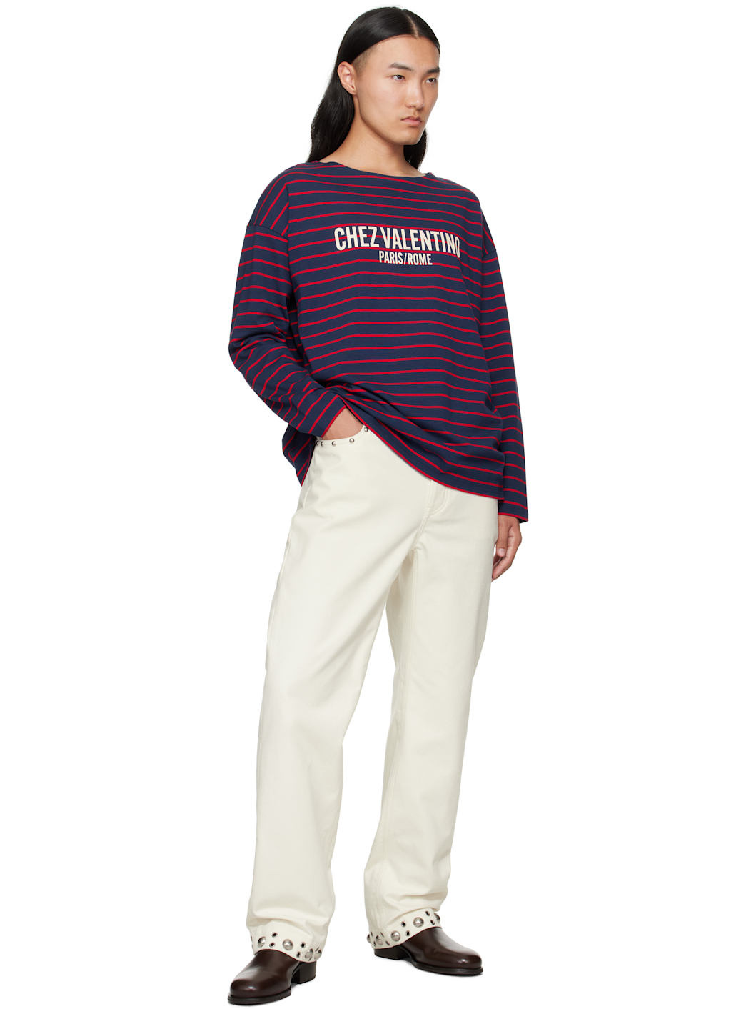 Red & Navy 'Chez Valentino' Print Long-Sleeved Cotton T-shirt - 4