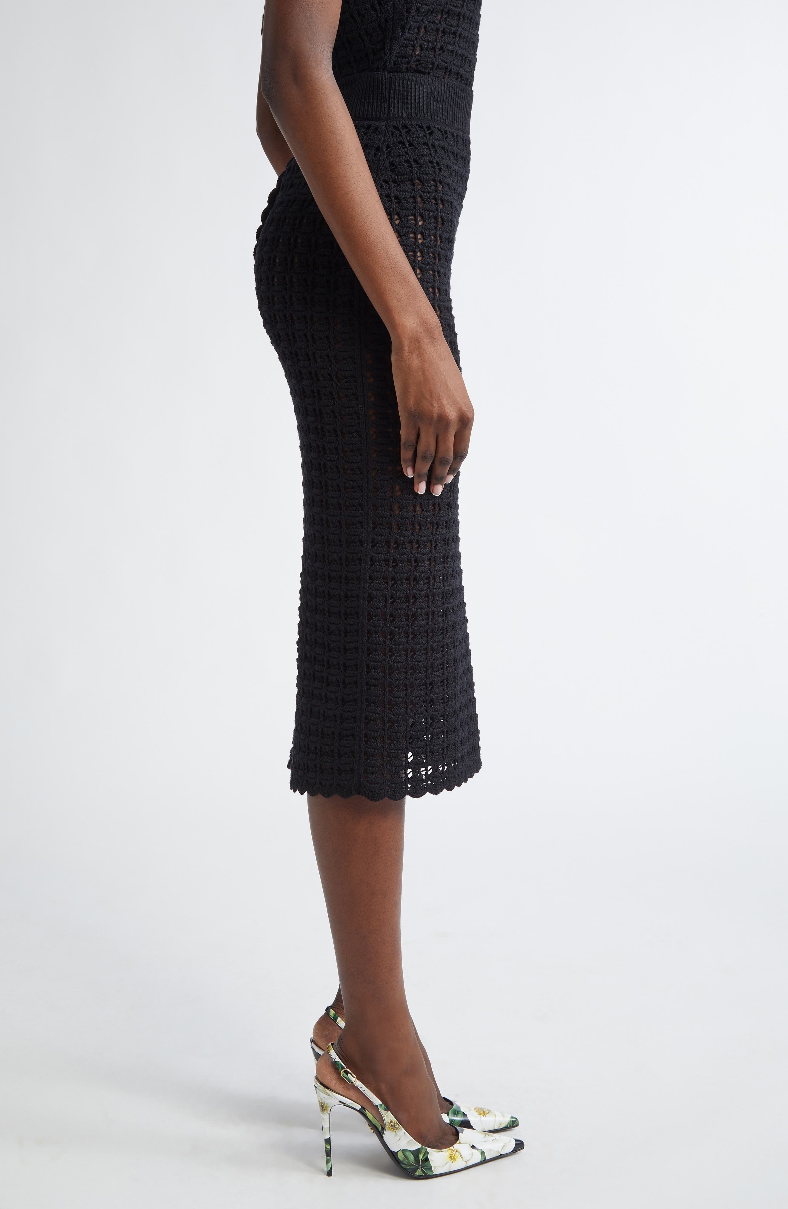 Dolce&Gabbana Virgin Wool Crochet Midi Skirt in N0000 Nero at Nordstrom - 4
