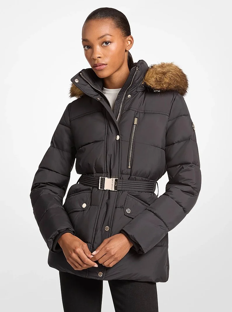 Faux Fur Trim Belted Puffer Jacket - 1