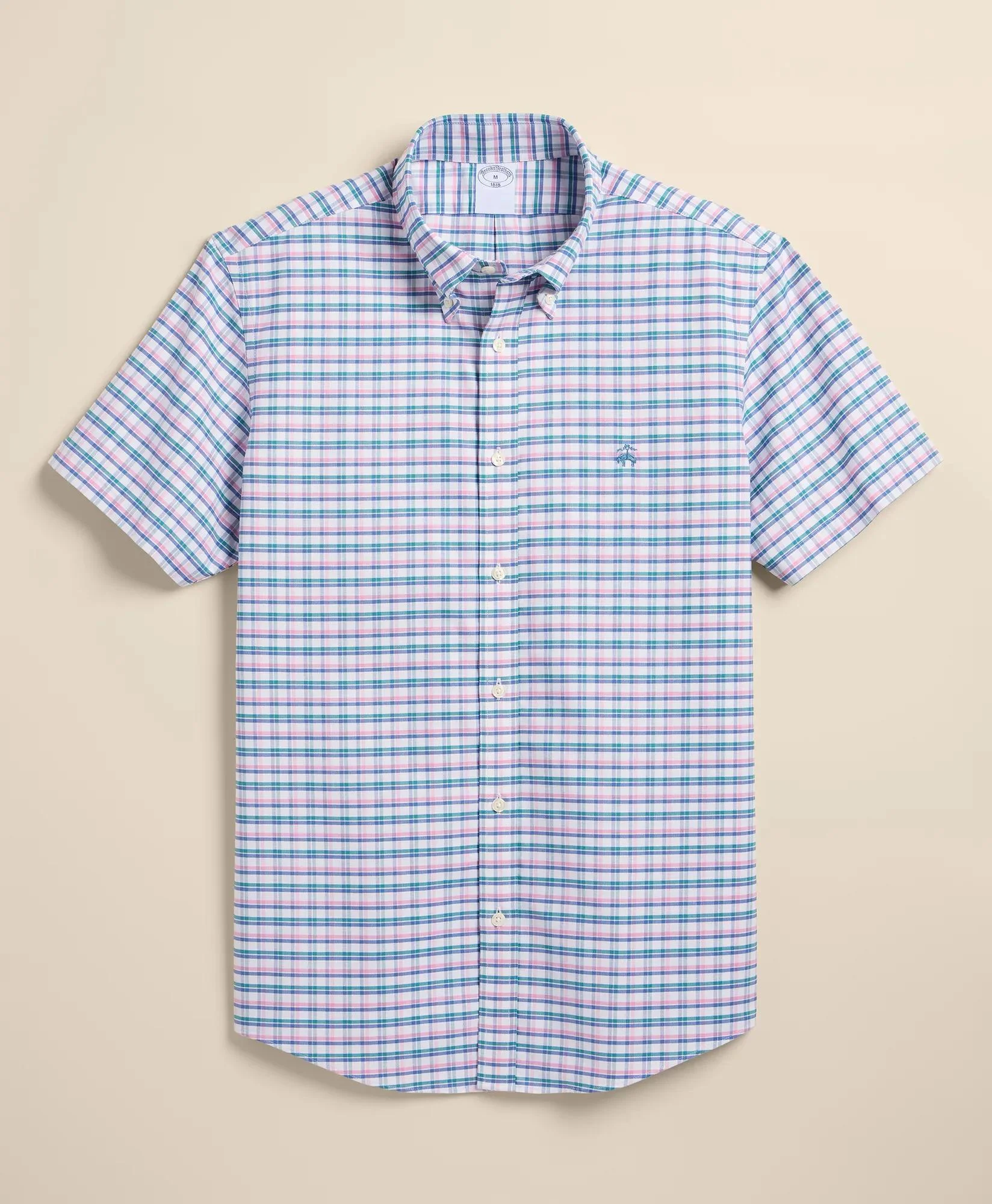 Stretch Cotton Non-Iron Oxford Polo Button Down, Multi-Grid Short Sleeve Sport Shirt - 1