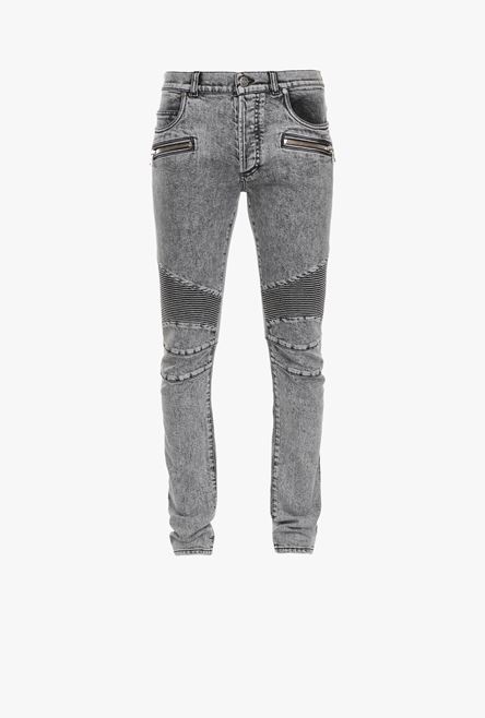 Slim gray cotton jeans with Balmain monogram - 1