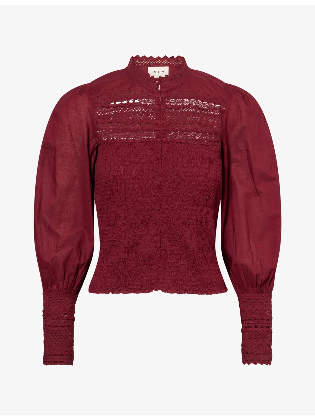Shirred Lace-Trim Cotton Blouson Top - 1
