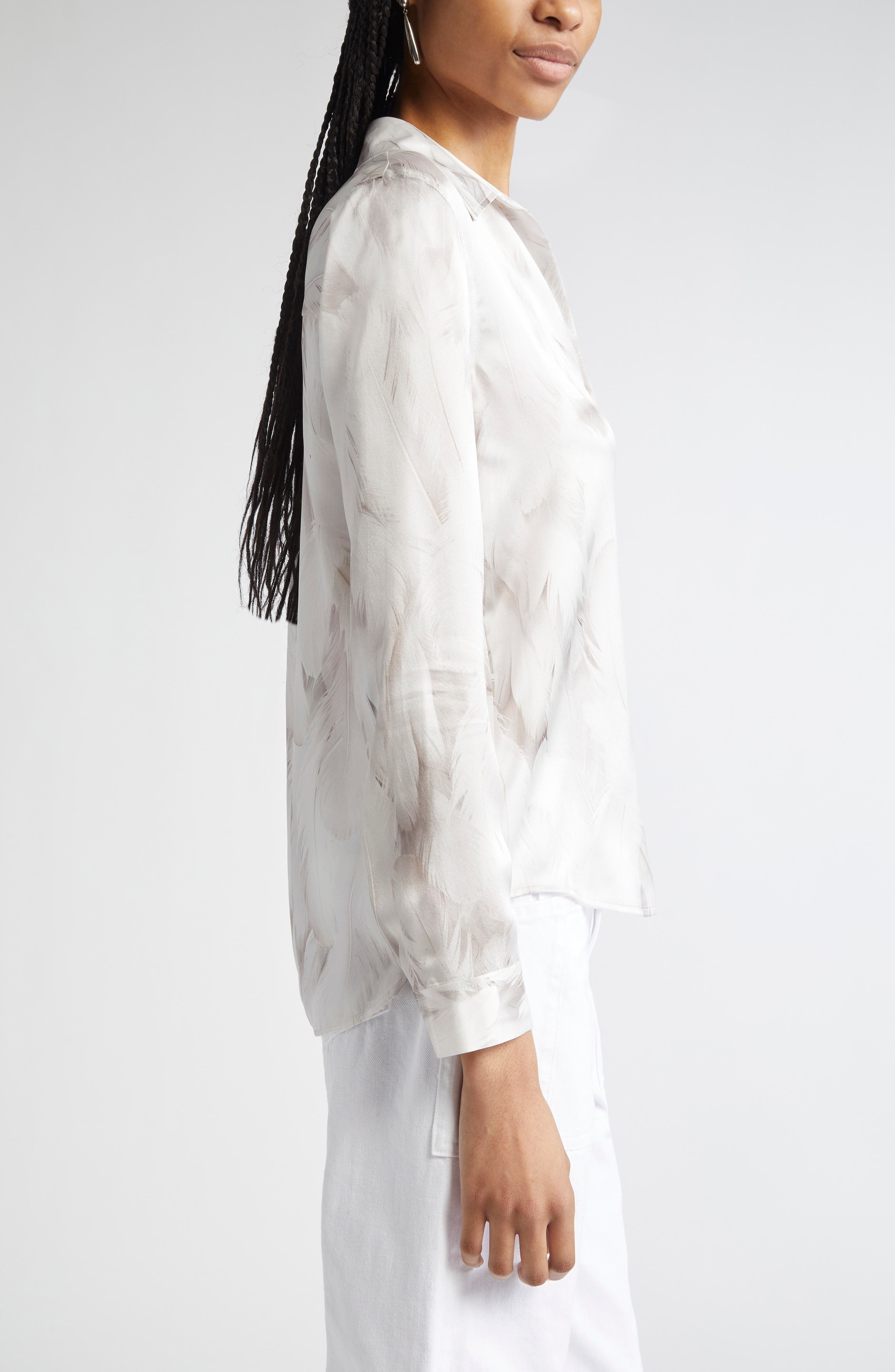 L'AGENCE Tyler Feather Print Silk Button-Up Shirt in White Feather Print at Nordstrom - 4