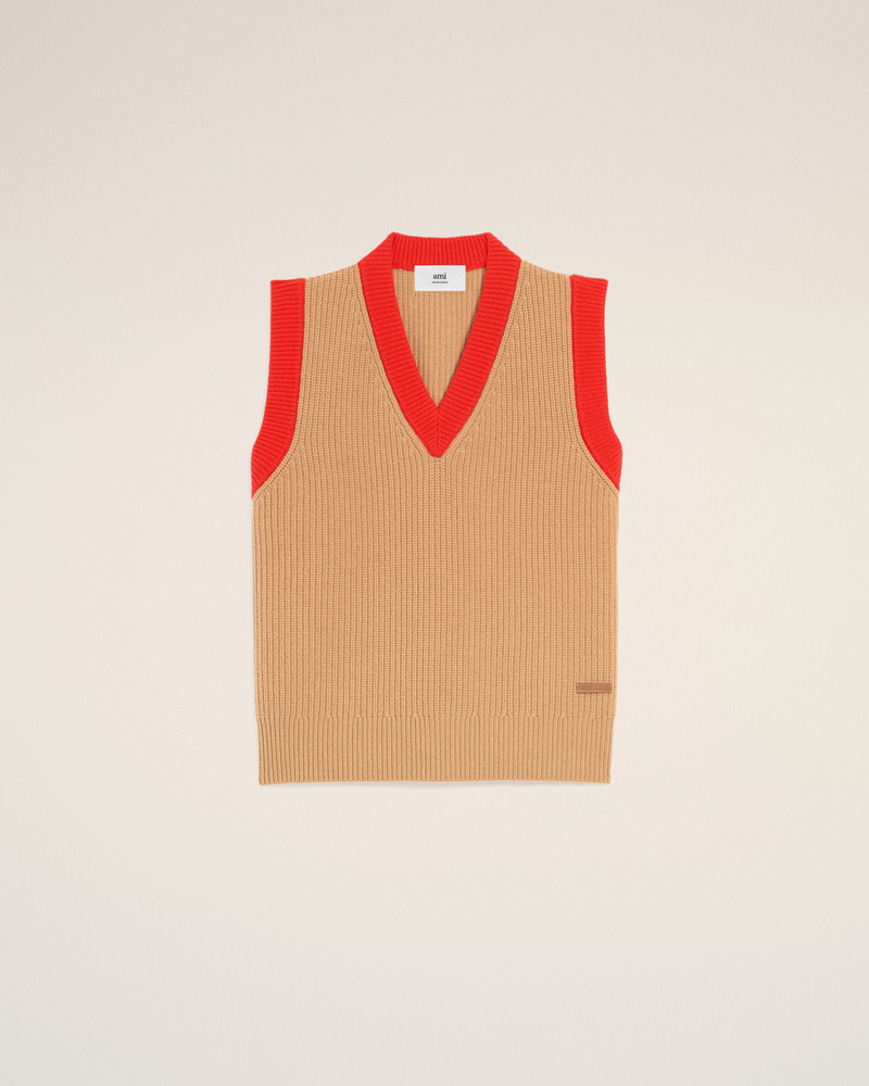 BROWN WOOL SLEEVELESS V NECK SWEATER 1