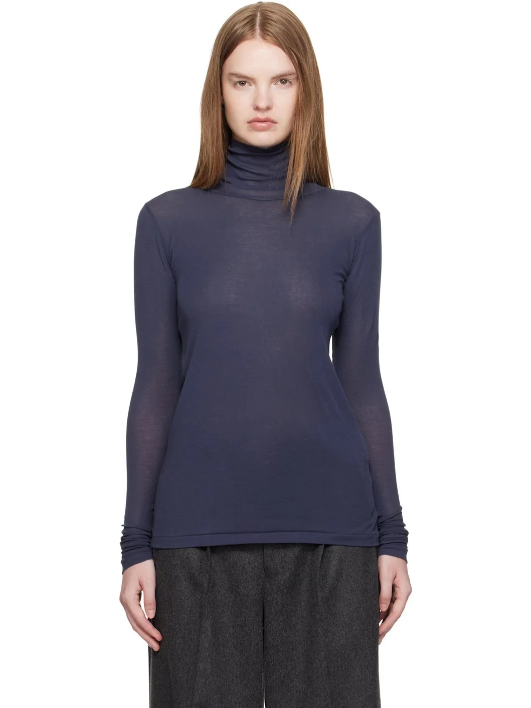 Navy Super High Gauge Sheer Rib Turtleneck - 1
