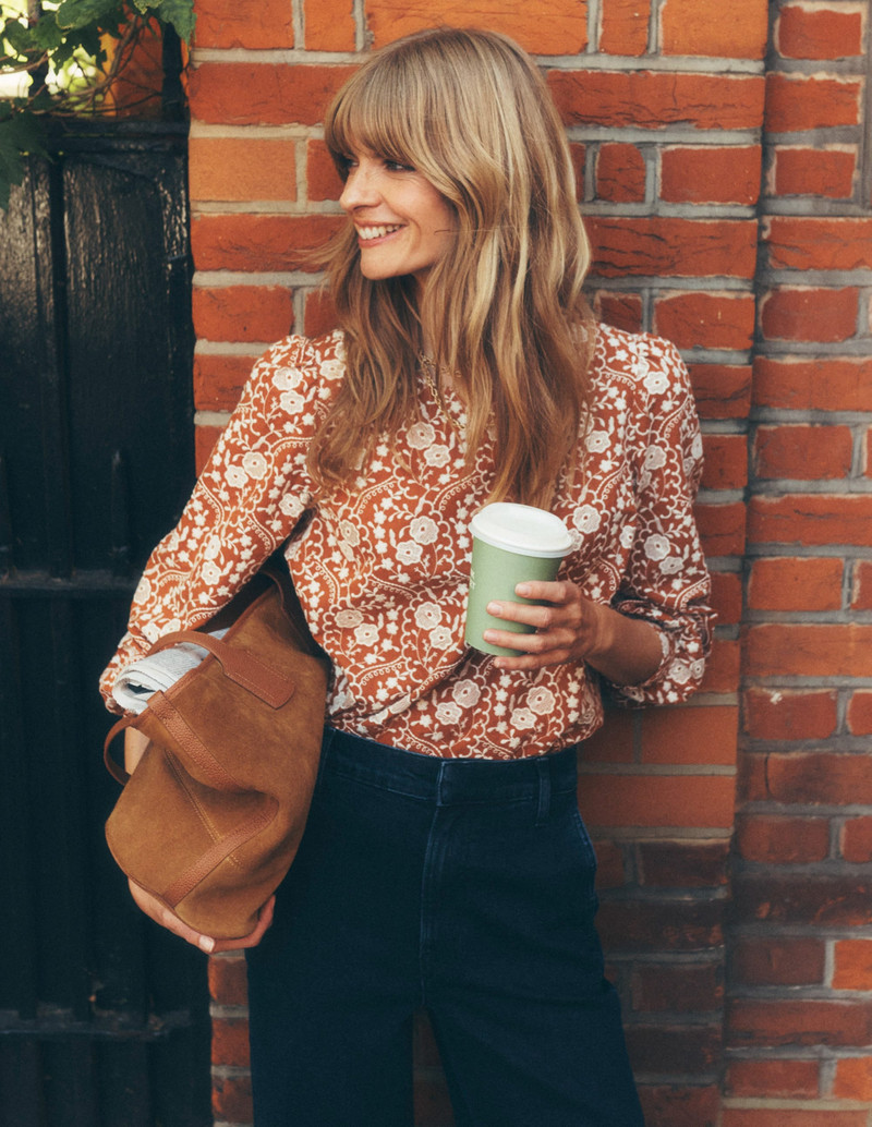 Embroidered Cotton Dobby Top-Brown 7