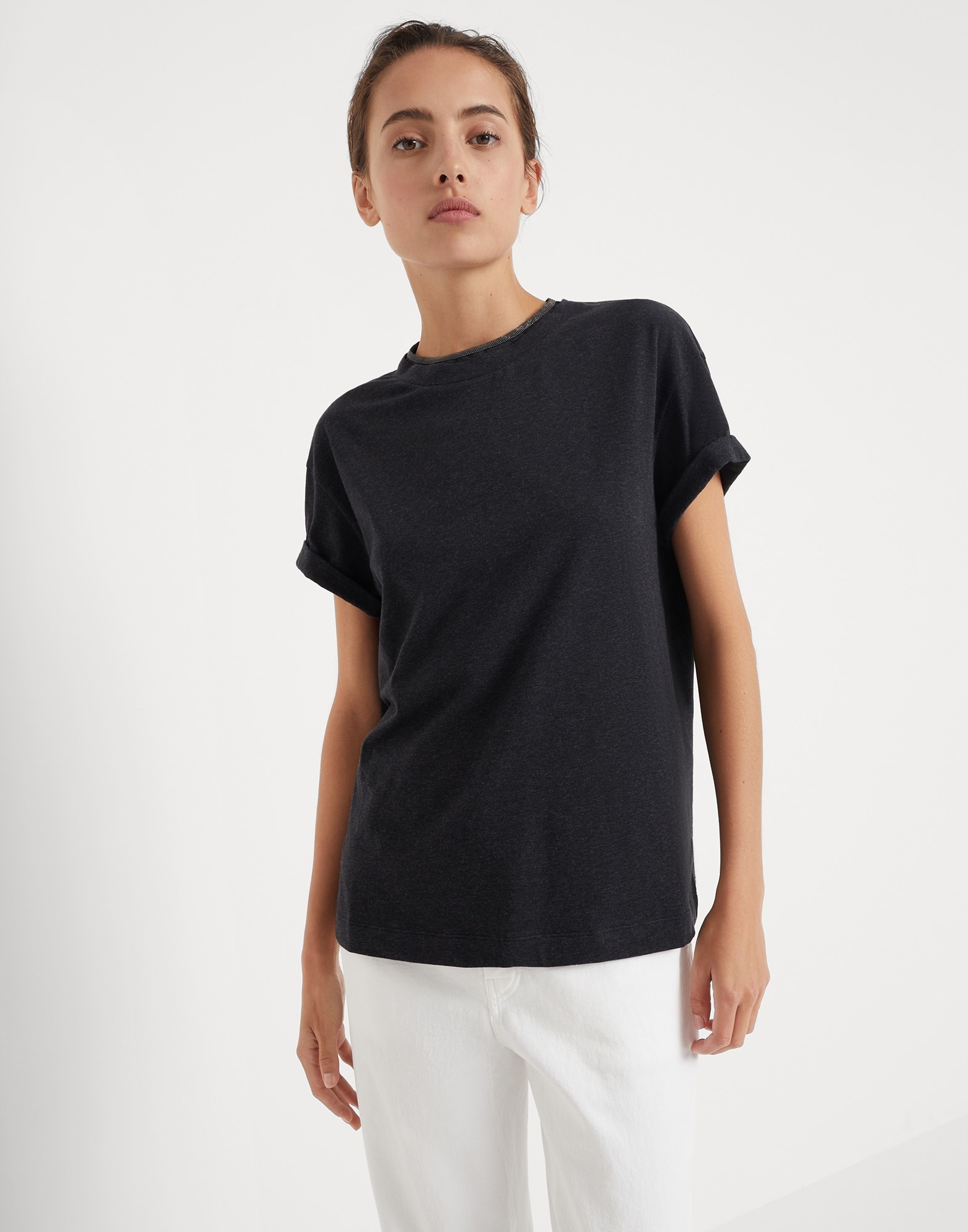 Stretch cotton jersey T-shirt with precious faux-layering - 1