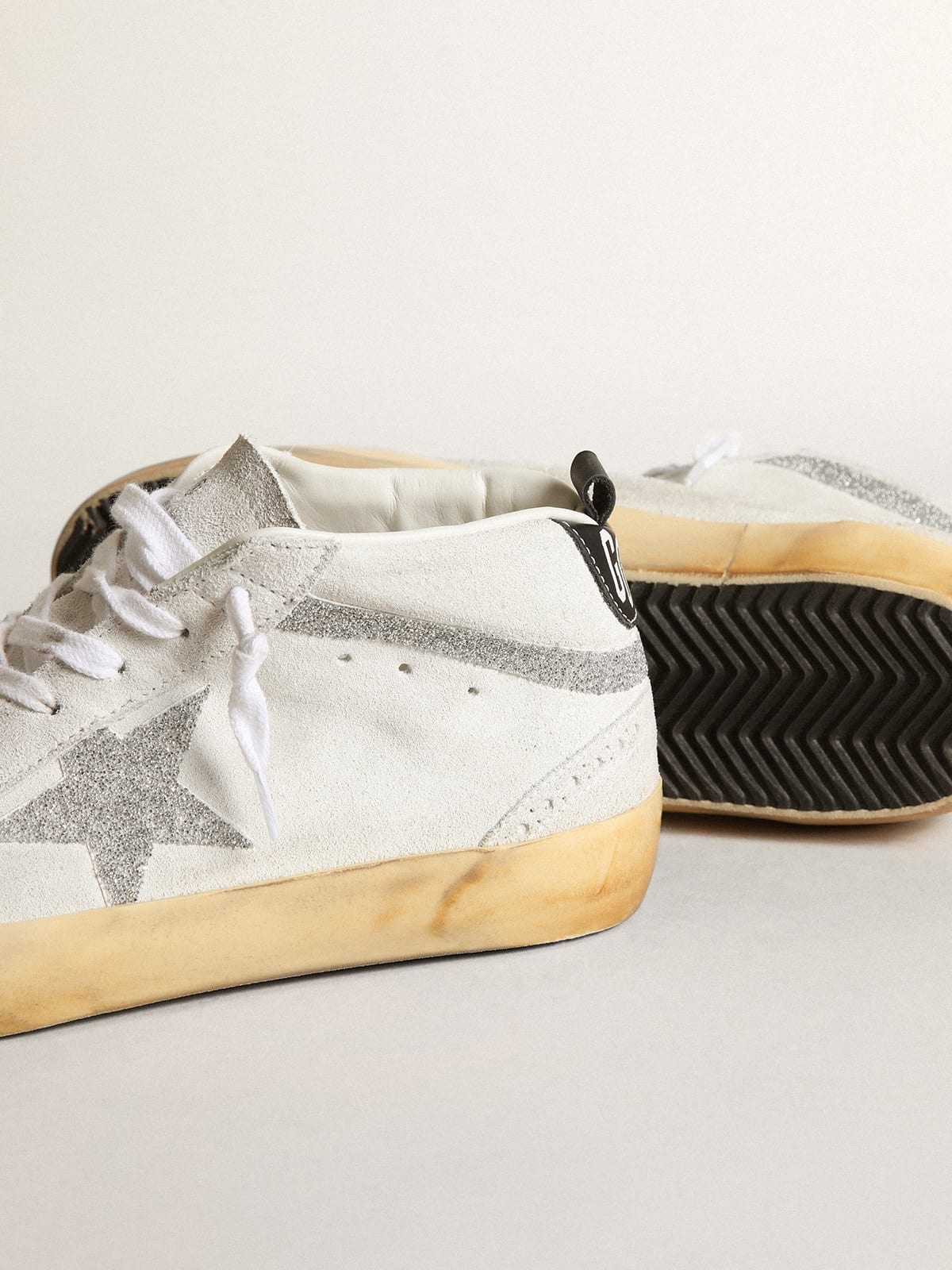 Golden Goose Mid Star sneakers in white suede with star and flash in silver-colored  Swarovski micro-crystals | REVERSIBLE