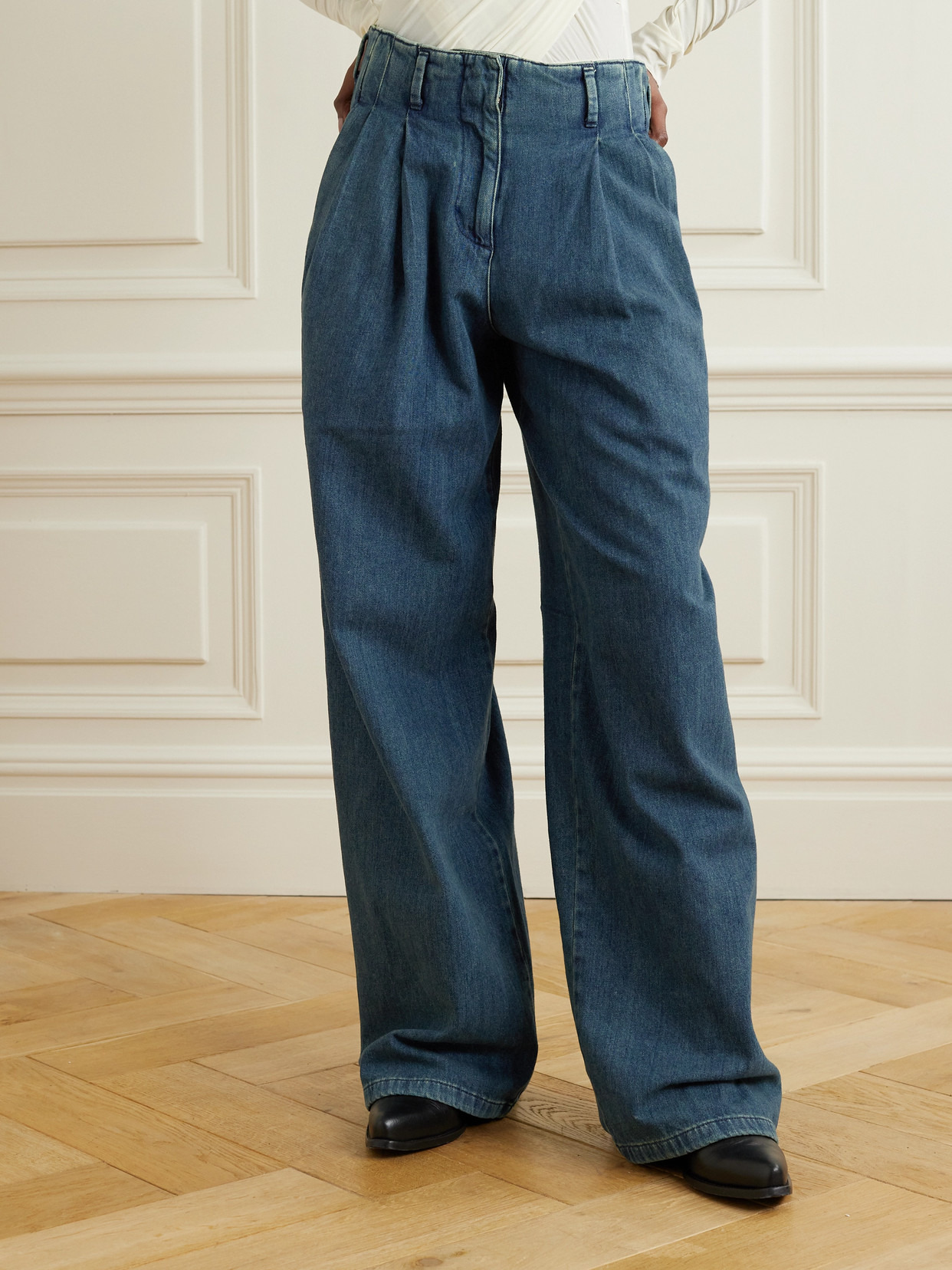 Embellished Pleated High-rise Wide-leg Jeans - 4