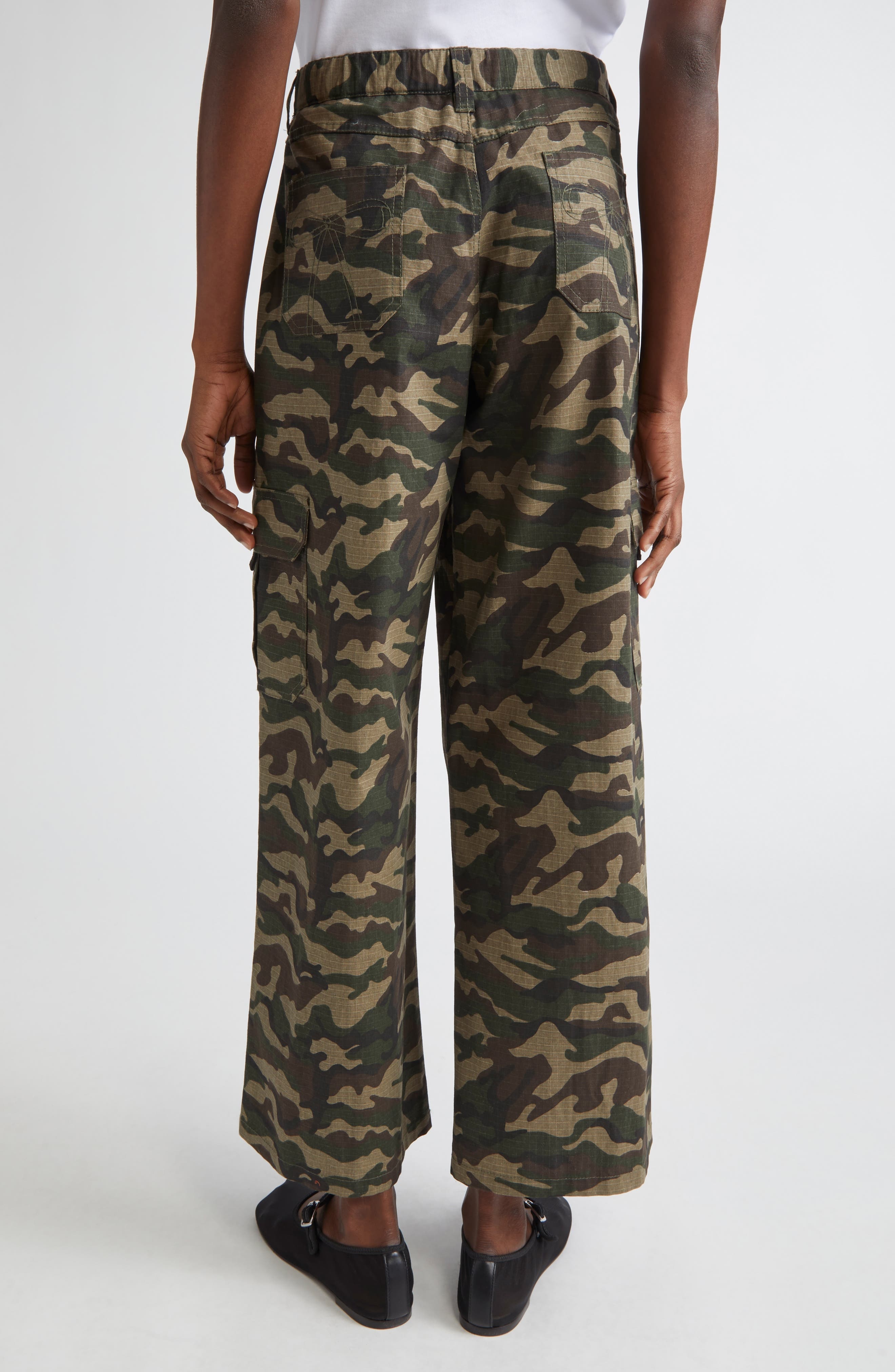 Sandy Liang Sorano Bow Embroidered Wide Leg Camo Cargo Pants in Green Multi at Nordstrom - 2